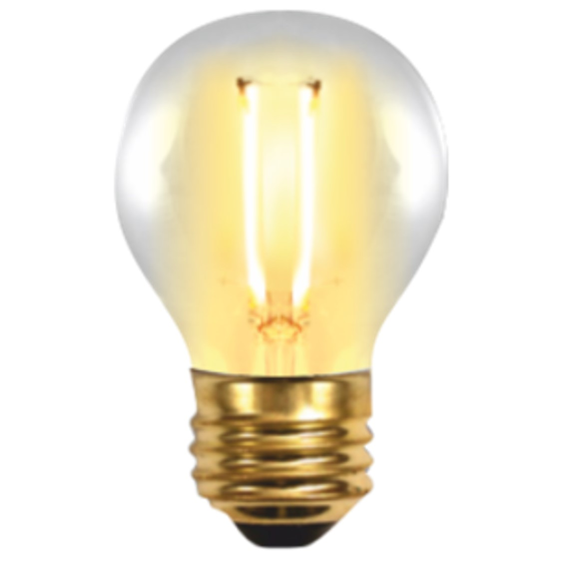 Una bombilla encendida con base dorada y vidrio transparente. Los filamentos internos son visibles, brillando con luz amarilla cálida.