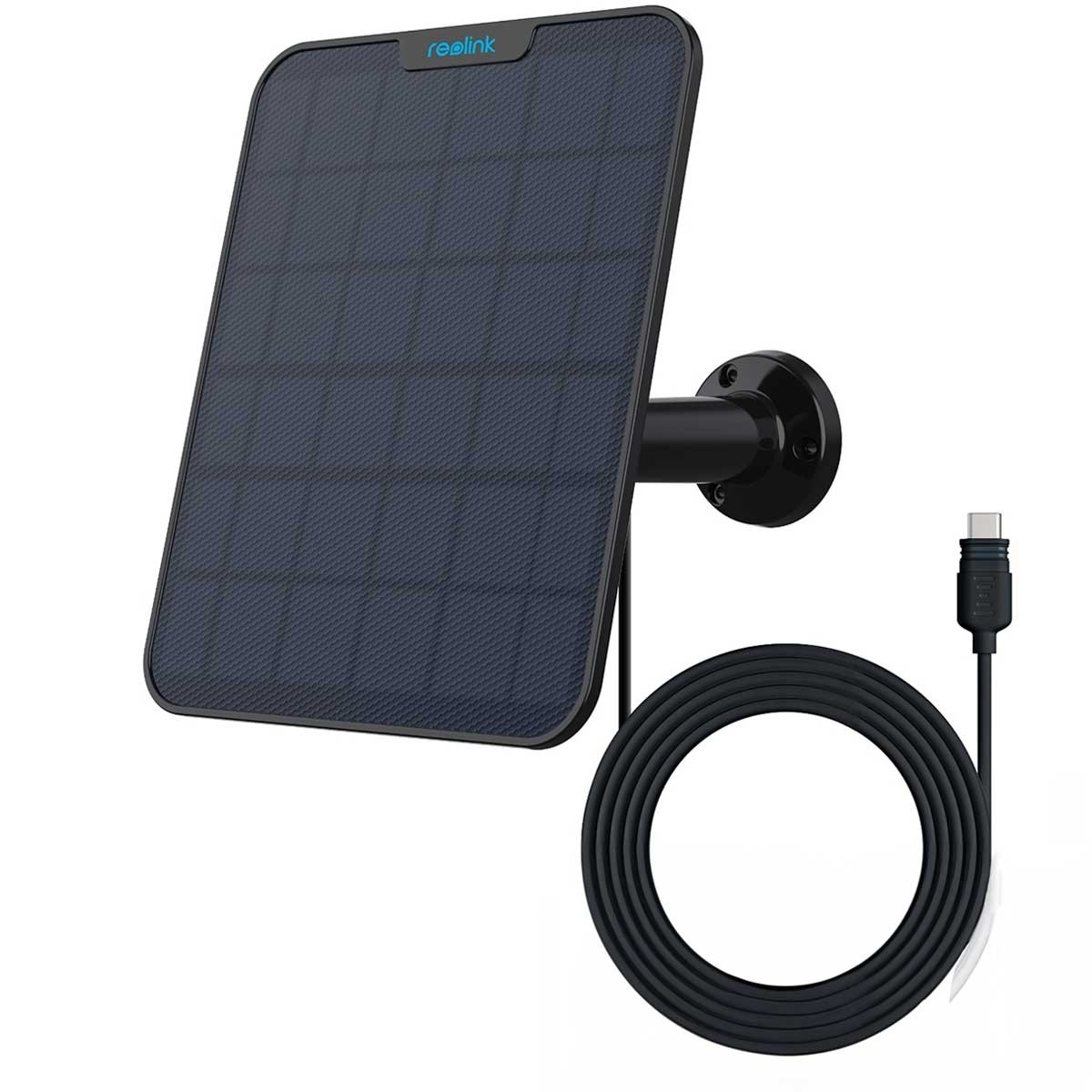 Se muestra un panel solar Reolink. Tiene un panel negro y un cable con conector USB-C. El soporte de montaje es negro.