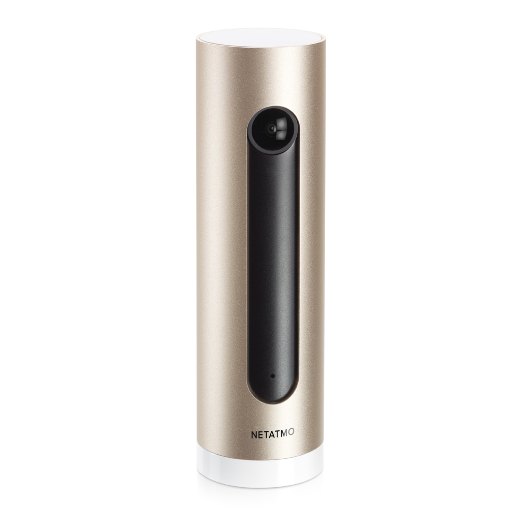Una telecamera intelligente Netatmo cilindrica. È color oro con una sezione verticale nera contenente l'obiettivo. Ha una parte superiore e inferiore bianche.
