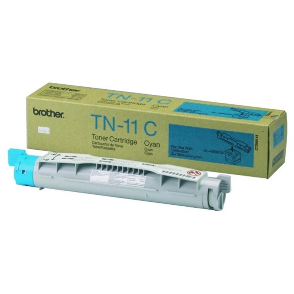 Una cartuccia toner ciano Brother TN-11C e la sua scatola. La scatola è marrone e blu, la cartuccia è grigia con un'estremità blu.