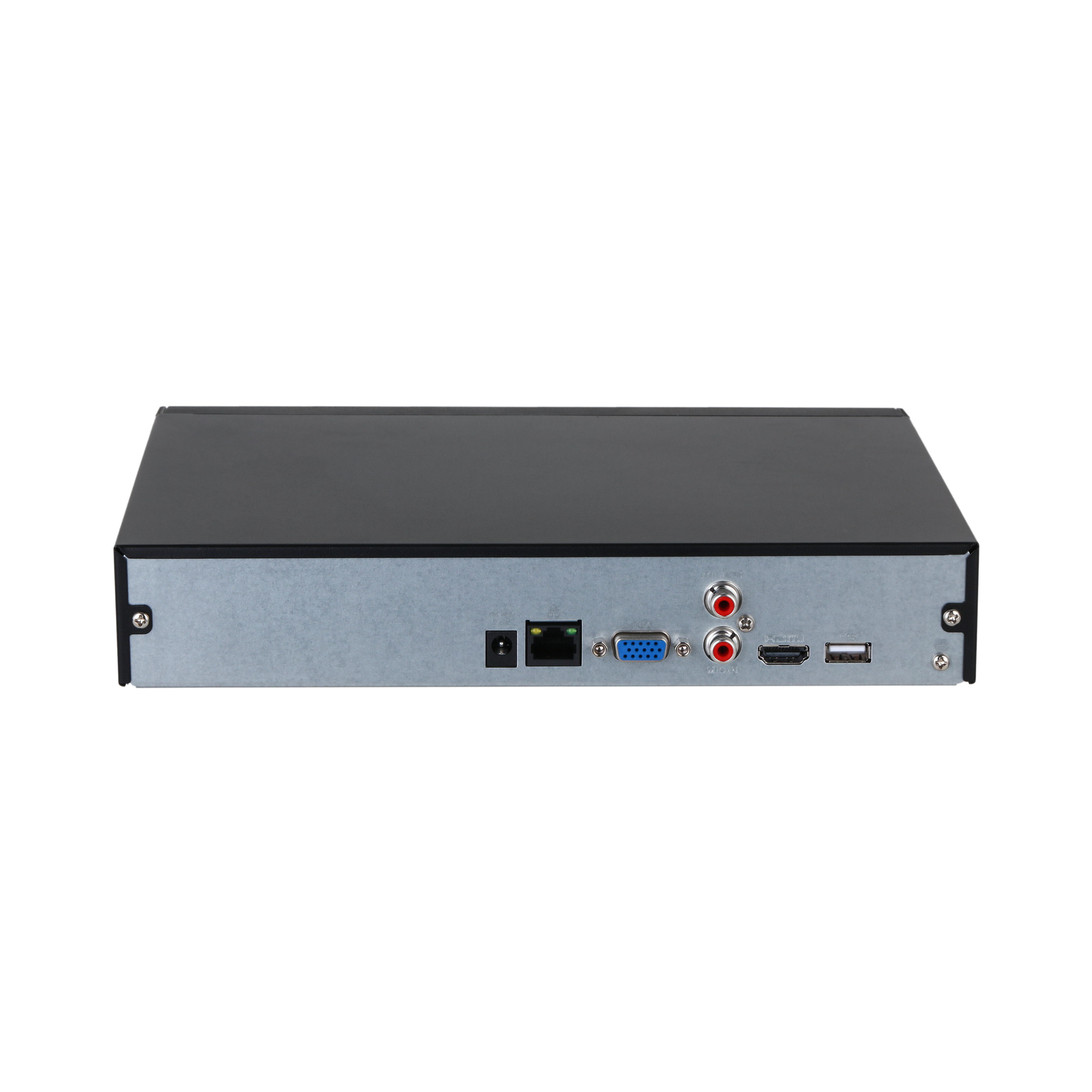 Un dispositivo DVR nero con varie porte come HDMI, USB e ingressi audio. Lo sfondo è bianco.