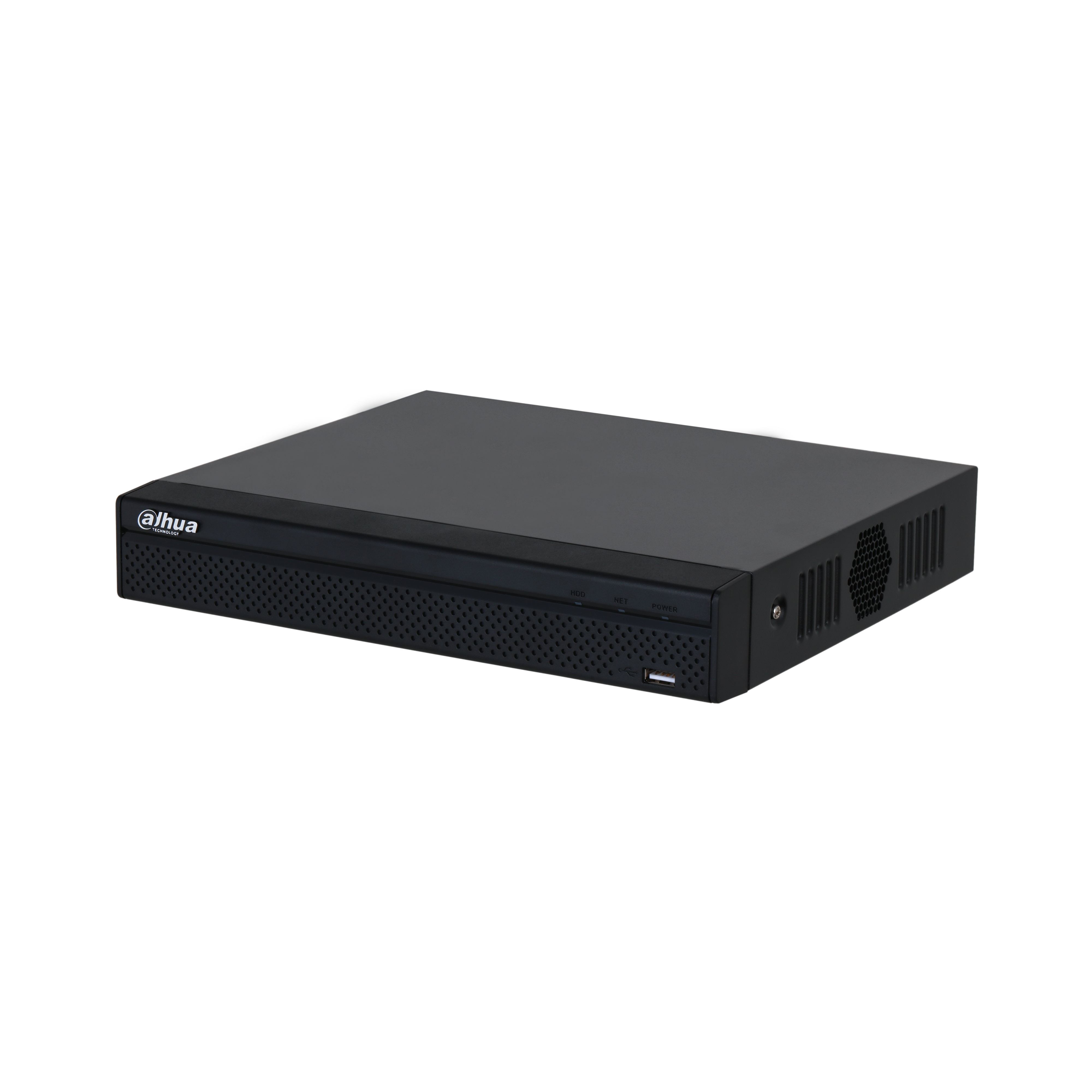 Un dispositivo DVR nero con il logo 'dahua' su sfondo bianco. Ha una porta USB e fori di ventilazione.