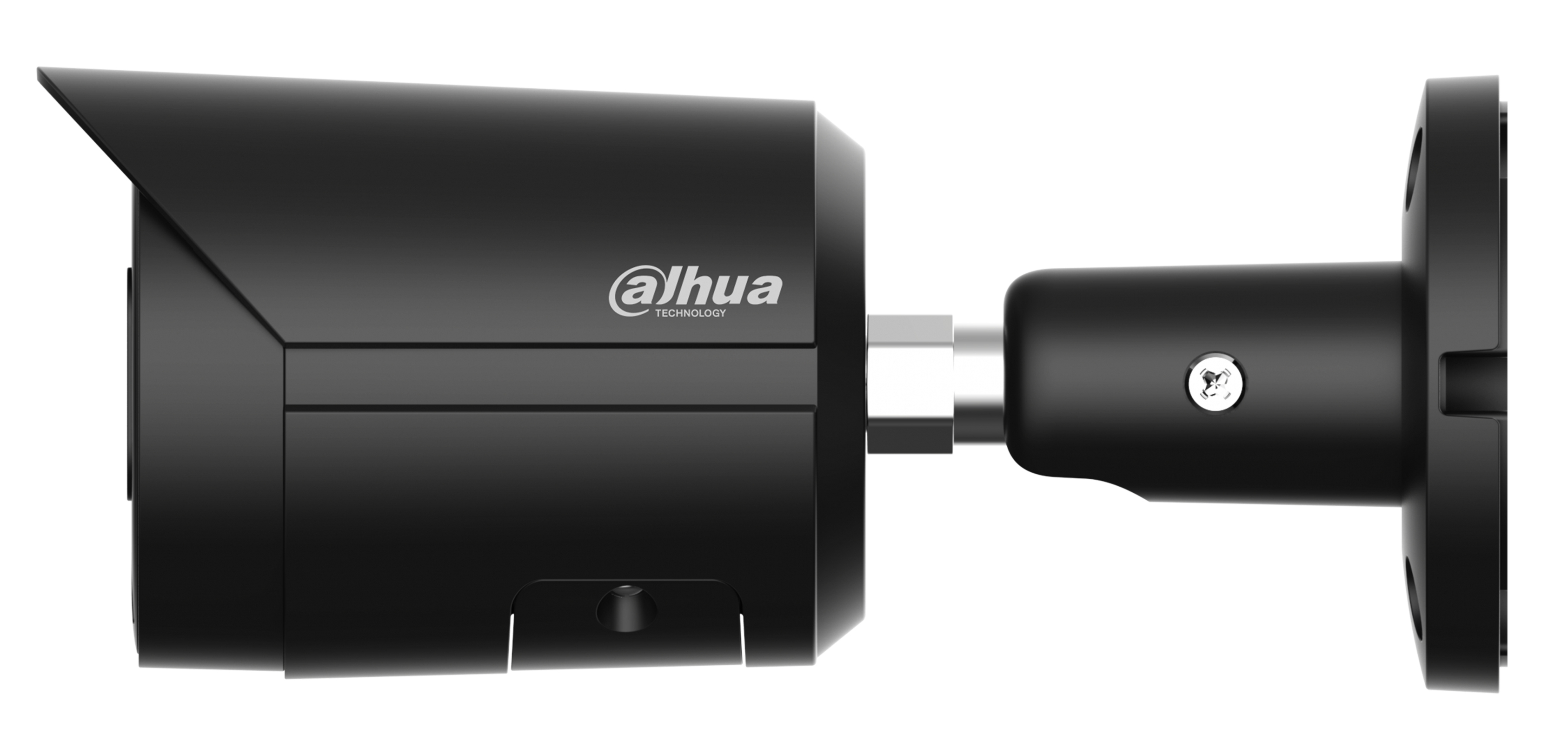 Czarna kamera bezpieczeństwa Dahua ze srebrnym elementem łączącym i podstawą montażową, na białym tle.