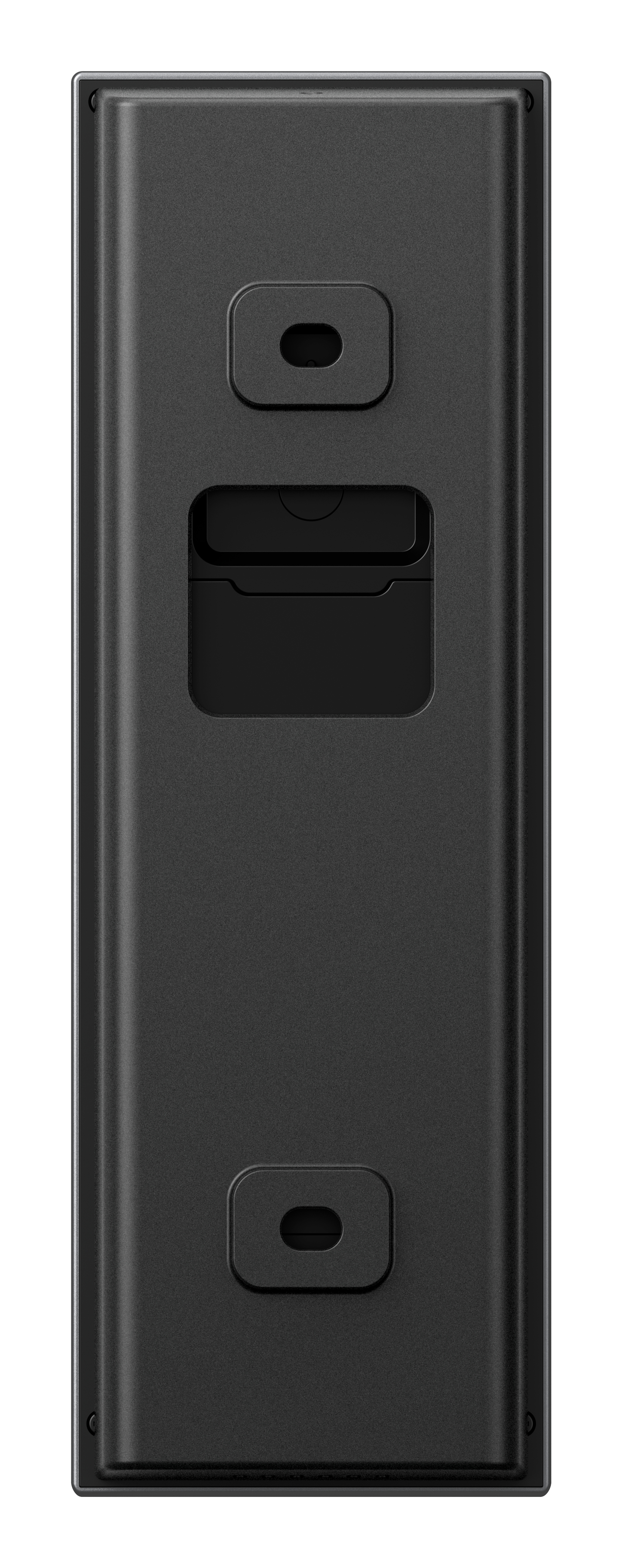 Czarny prostokątny panel z dwoma owalnymi wycięciami, dużą wnęką i wieloma otworami na śruby na krawędziach.