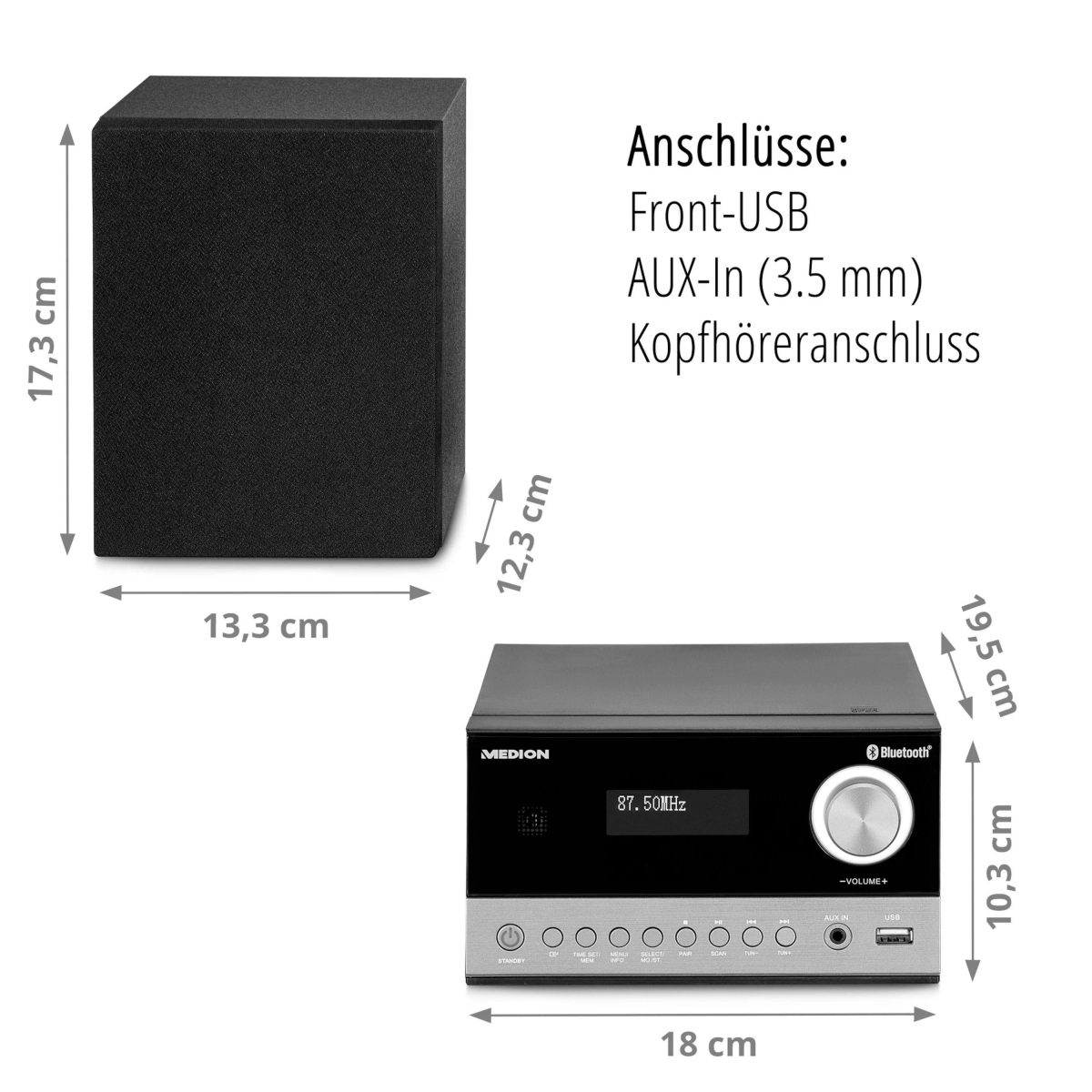 Ein schwarzer Lautsprecher und ein schwarz-silberner Audioempfänger mit beschrifteten Abmessungen. Text: Anschlüsse, Front-USB, AUX-In, Kopfhöreranschluss.