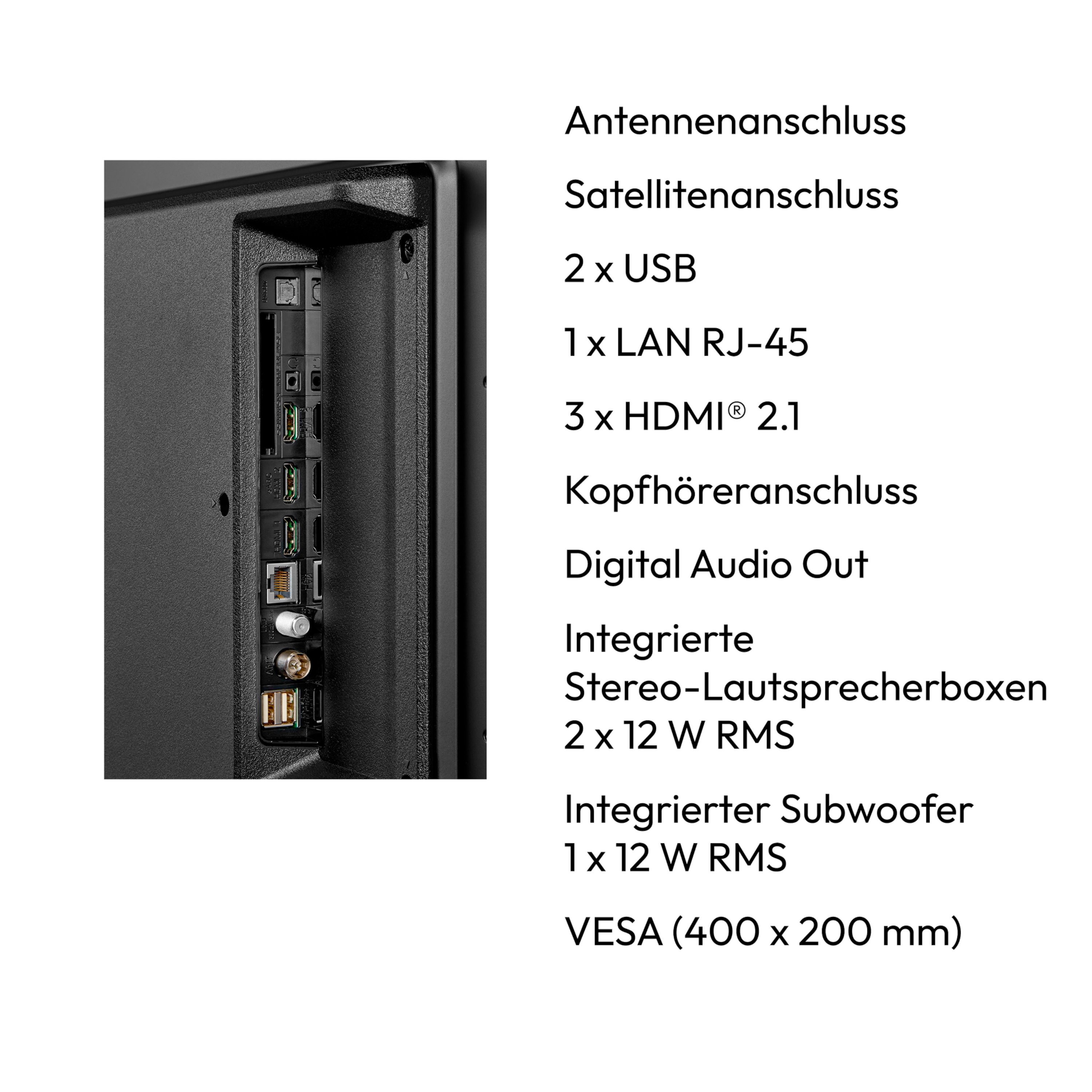 Nahaufnahme der TV-Rückseite. Zeigt Anschlüsse: Antenne, Satellit, USB, LAN, HDMI, Kopfhörer, Audioausgang. Text listet Specs.