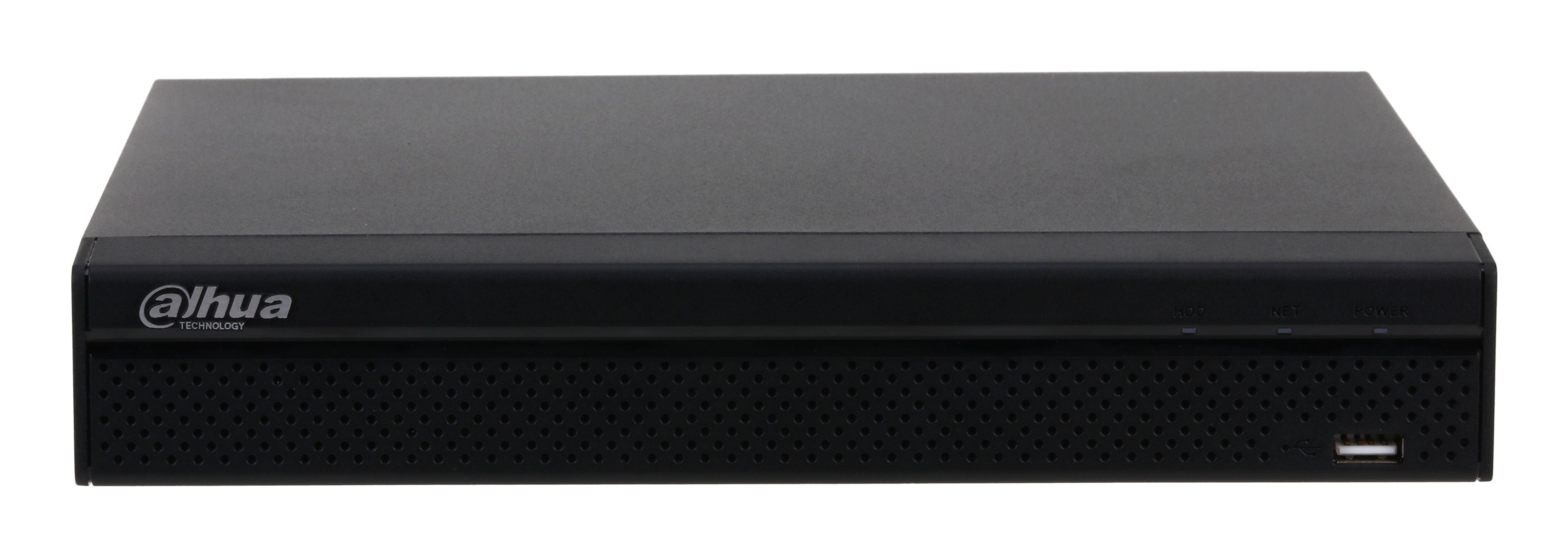 Grabador de video en red Dahua negro. Tiene el logo de Dahua, un puerto USB y luces de estado. Está sobre un fondo blanco.