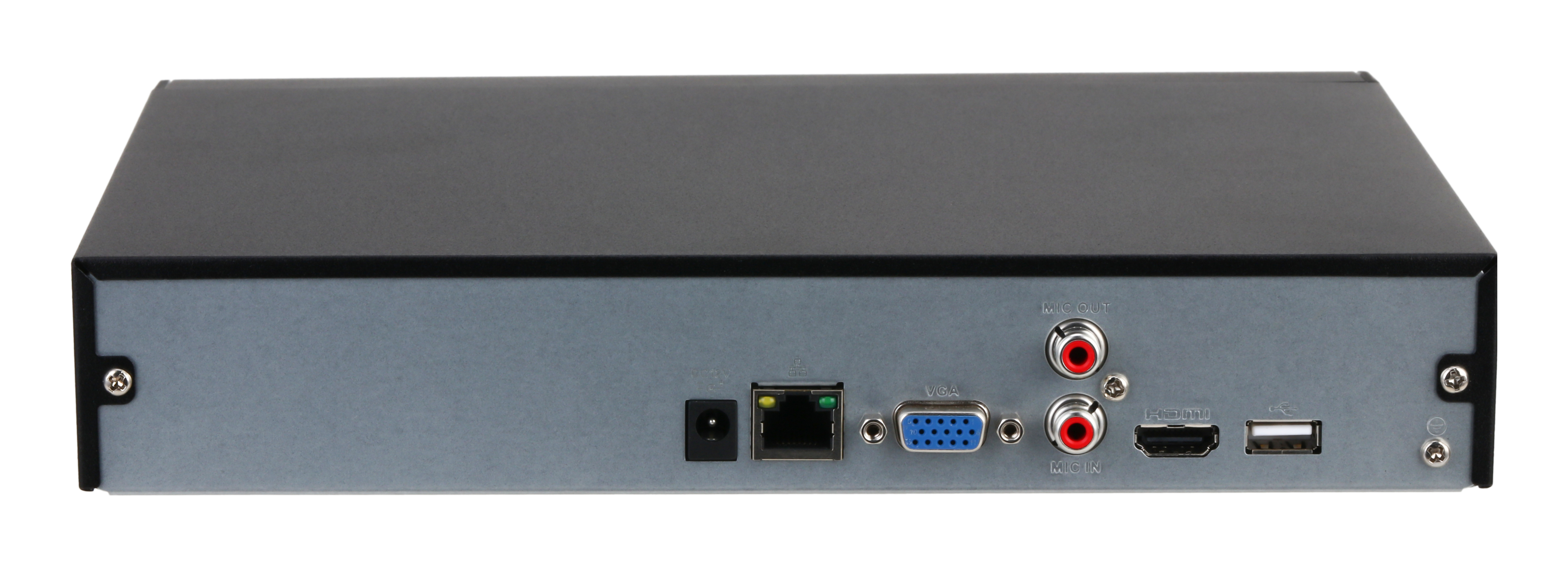 Vista trasera de un dispositivo electrónico negro con varios puertos, incluyendo VGA, HDMI, USB y entrada/salida de audio, en un panel gris.