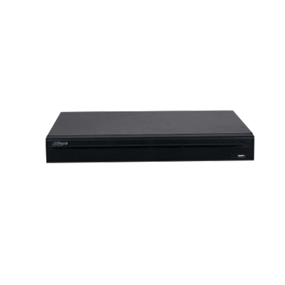 Un registratore DVR nero su sfondo bianco. Il dispositivo è rettangolare con un pannello frontale leggermente strutturato e il logo del marchio.