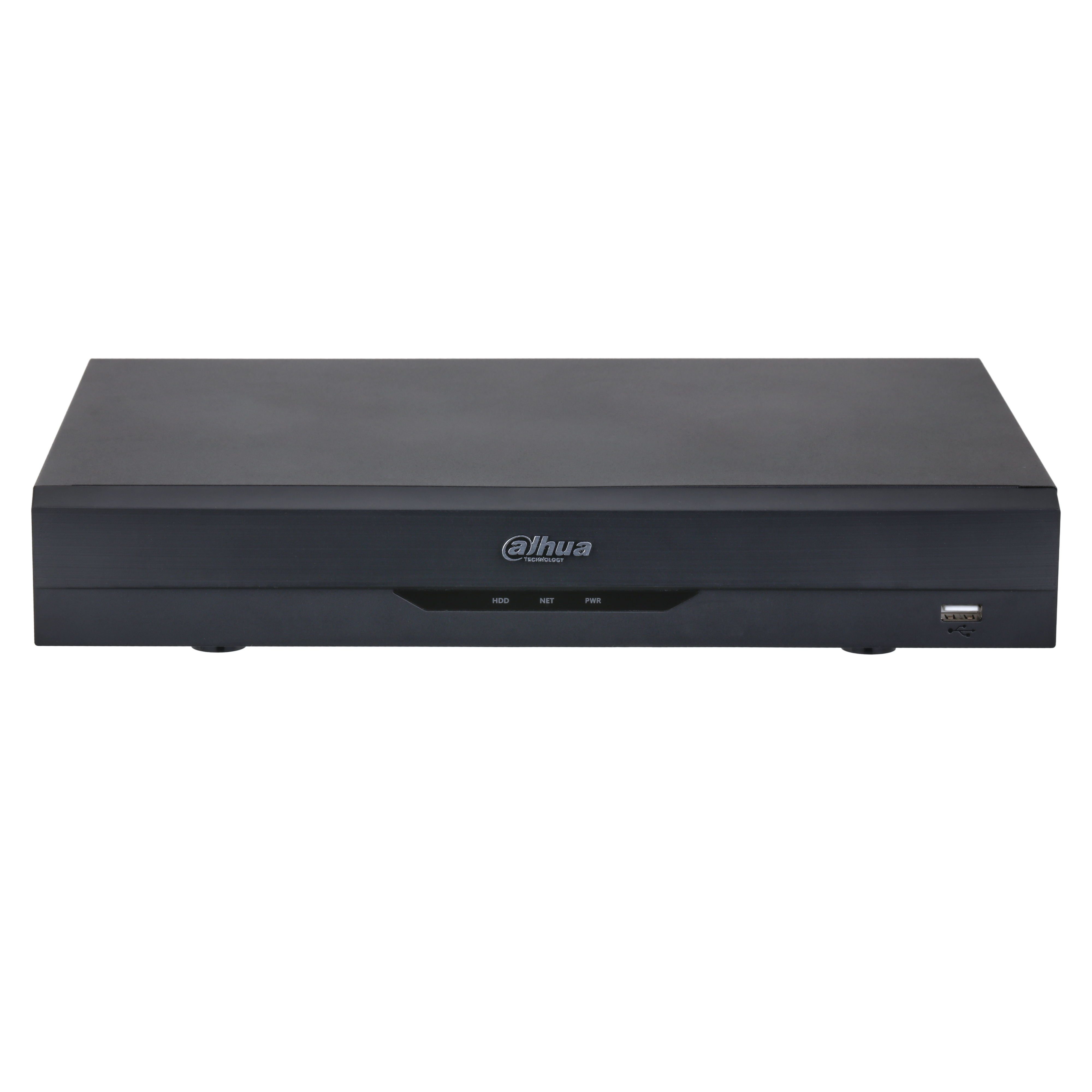 Un DVR Dahua nero su sfondo bianco. Ha porte, pulsanti e un logo.