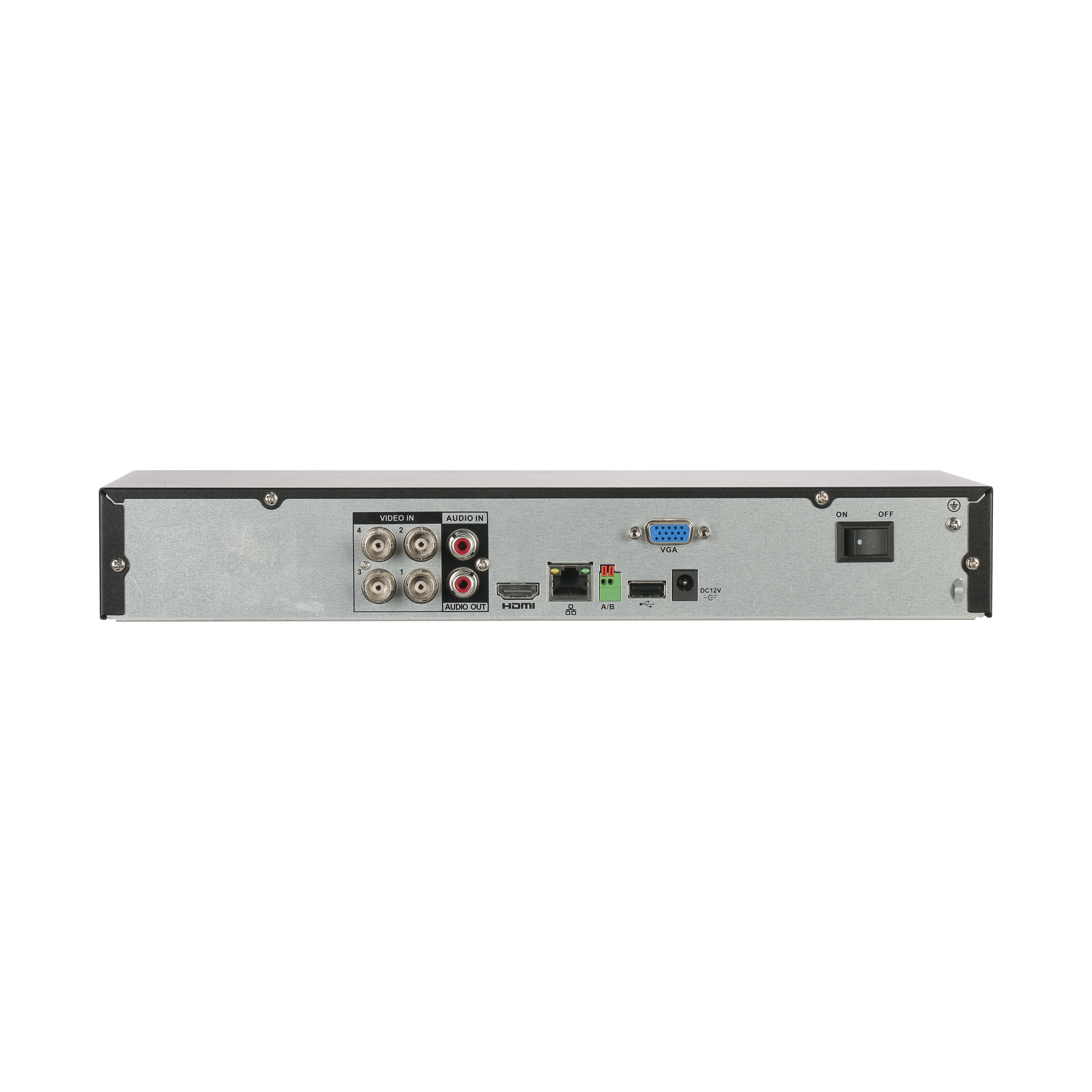 Un dispositivo nero e grigio con porte 'VIDEO IN', 'AUDIO IN' e 'HDMI', con un interruttore on/off.