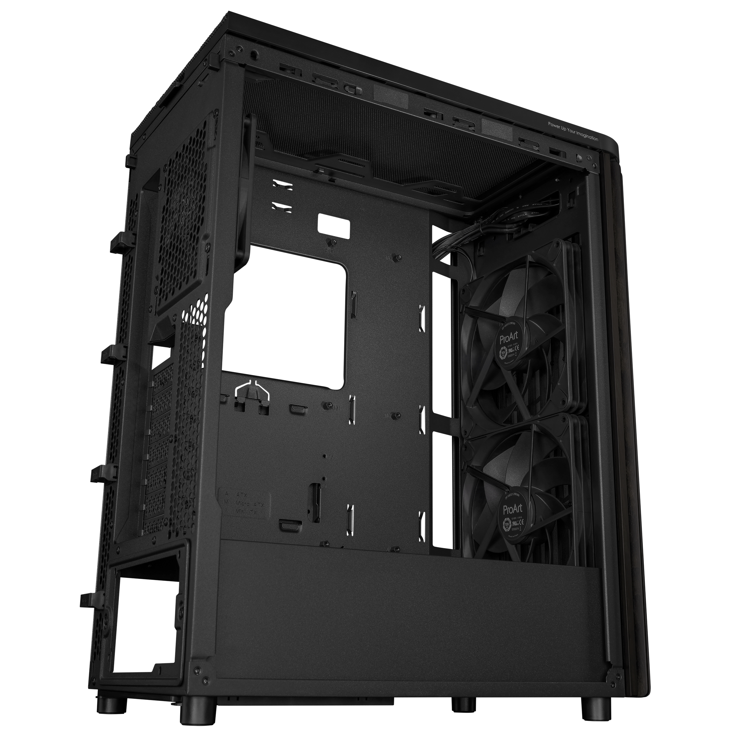 Un case per computer nero con lati aperti, che rivela componenti della ventola ed elementi strutturali interni.