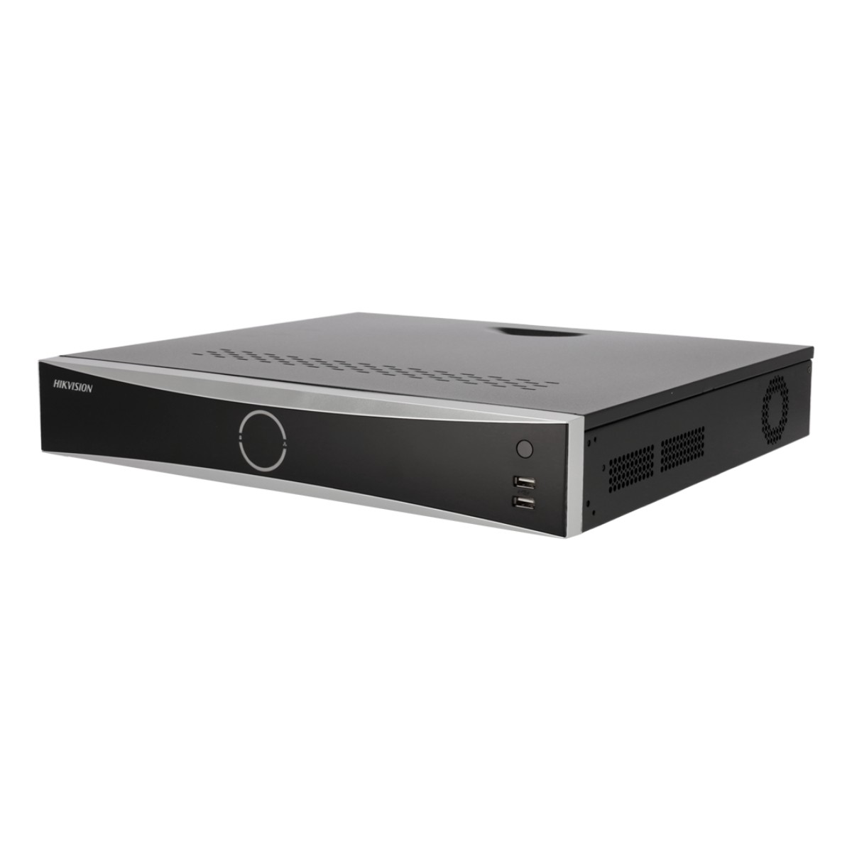 DVR del sistema di sicurezza nero e argento. Ha un pulsante di accensione circolare e porte. Il marchio Hikvision è visibile.
