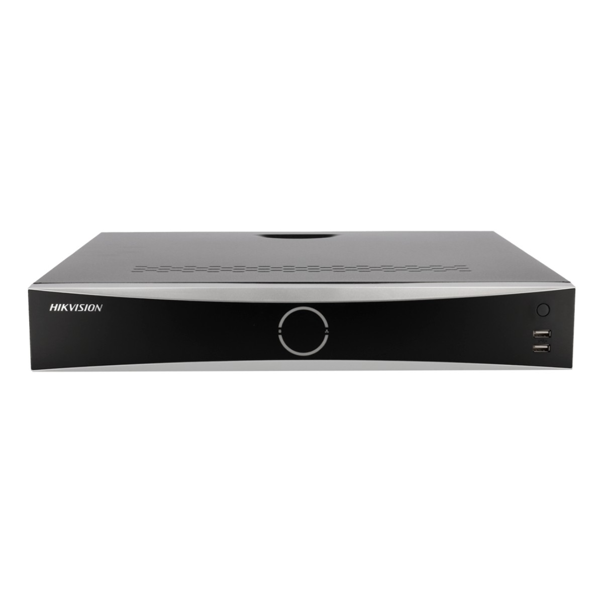 Un dispositivo DVR Hikvision nero e argento. Ha un pulsante di accensione, porte USB e un pulsante circolare sul davanti.