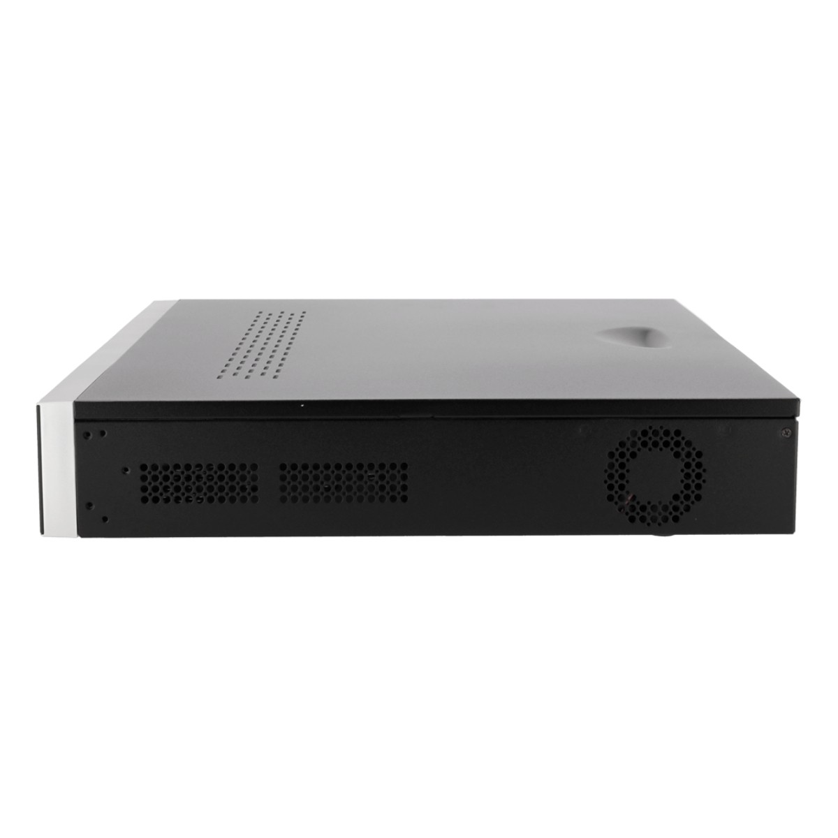 Un dispositivo elettronico nero e argento con ventola e fori di ventilazione, forse un server o un componente simile.
