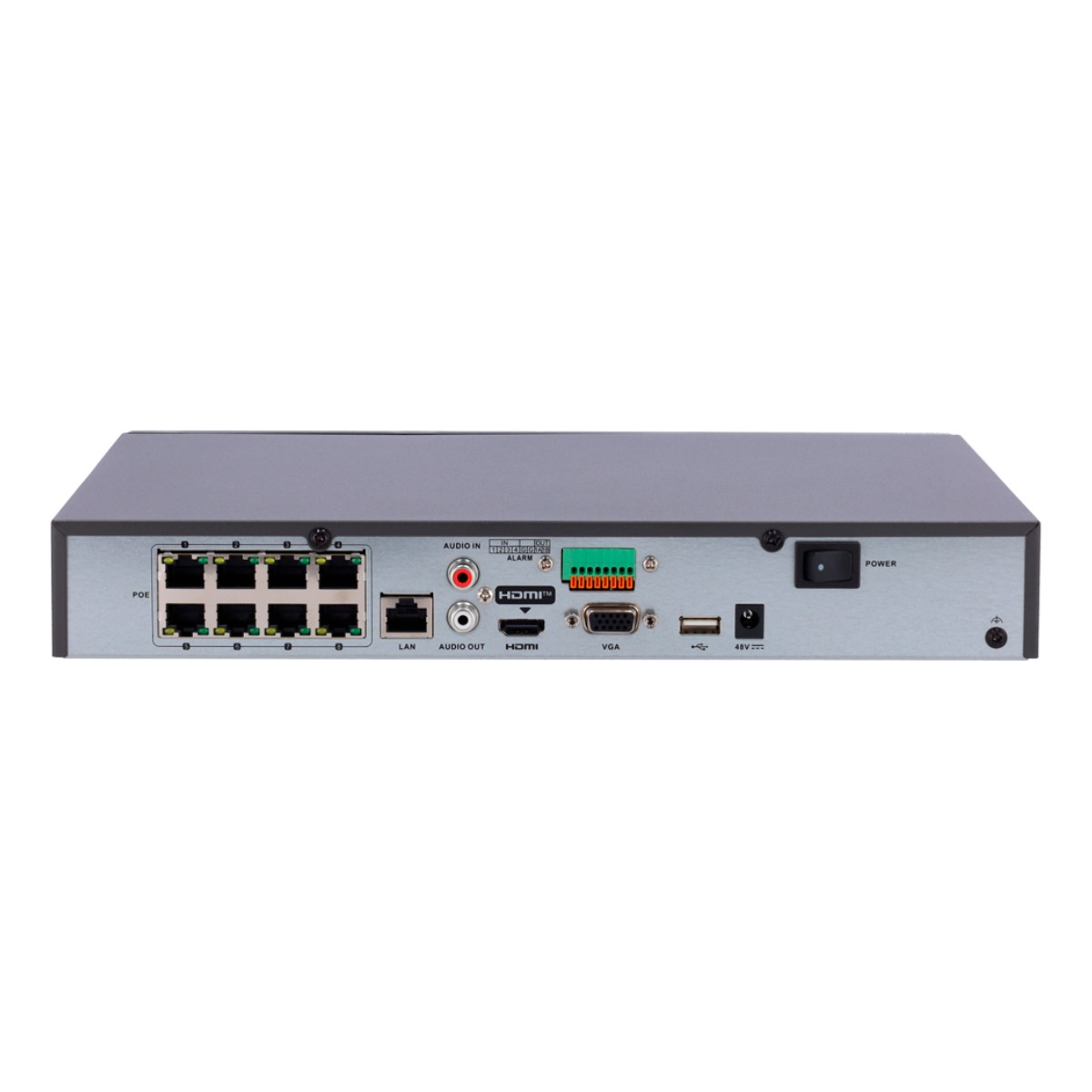 Vista trasera de un dispositivo electrónico negro y gris. Puertos para LAN, HDMI, VGA y alimentación son visibles, etiquetados con texto.