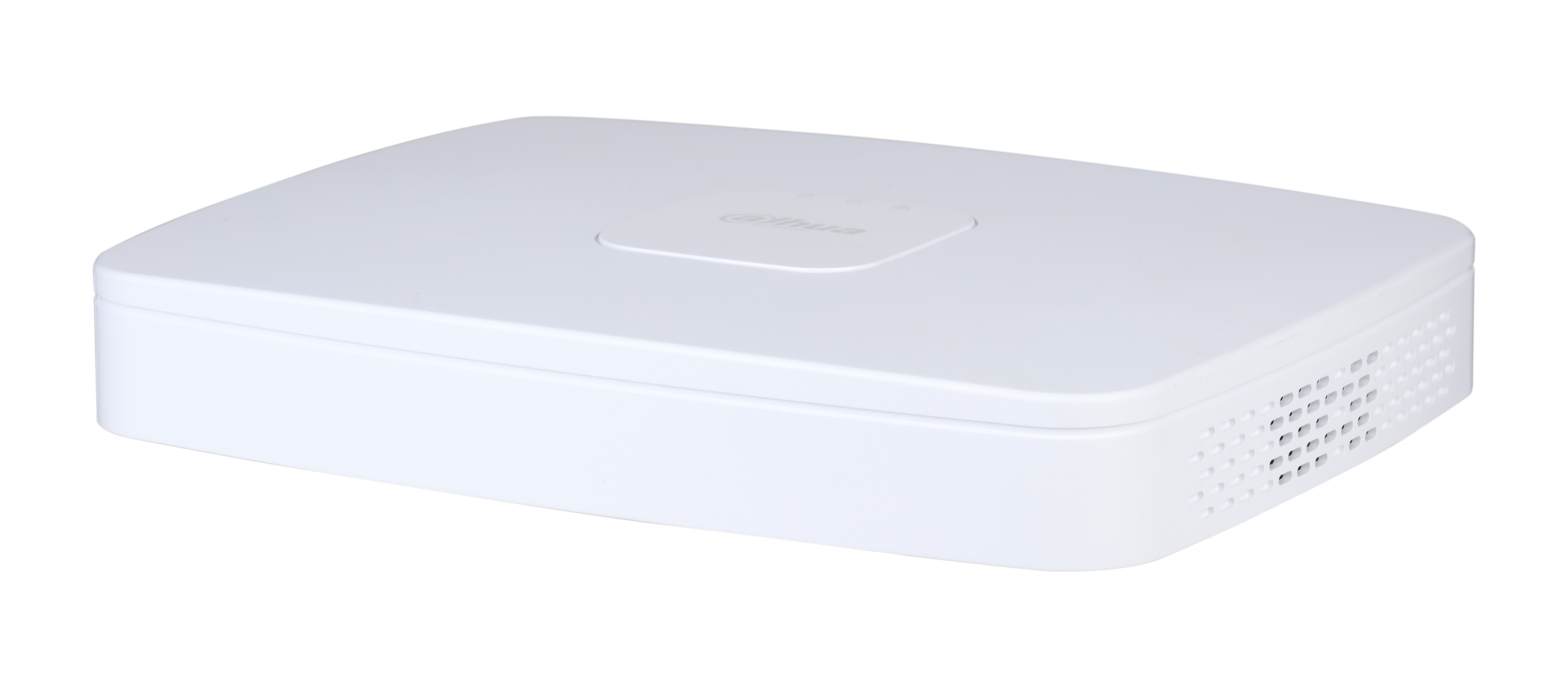 Un dispositivo DVR bianco di forma rettangolare. Ha un top leggermente incassato con il logo 'dahua'. Ha uno sfiato laterale.