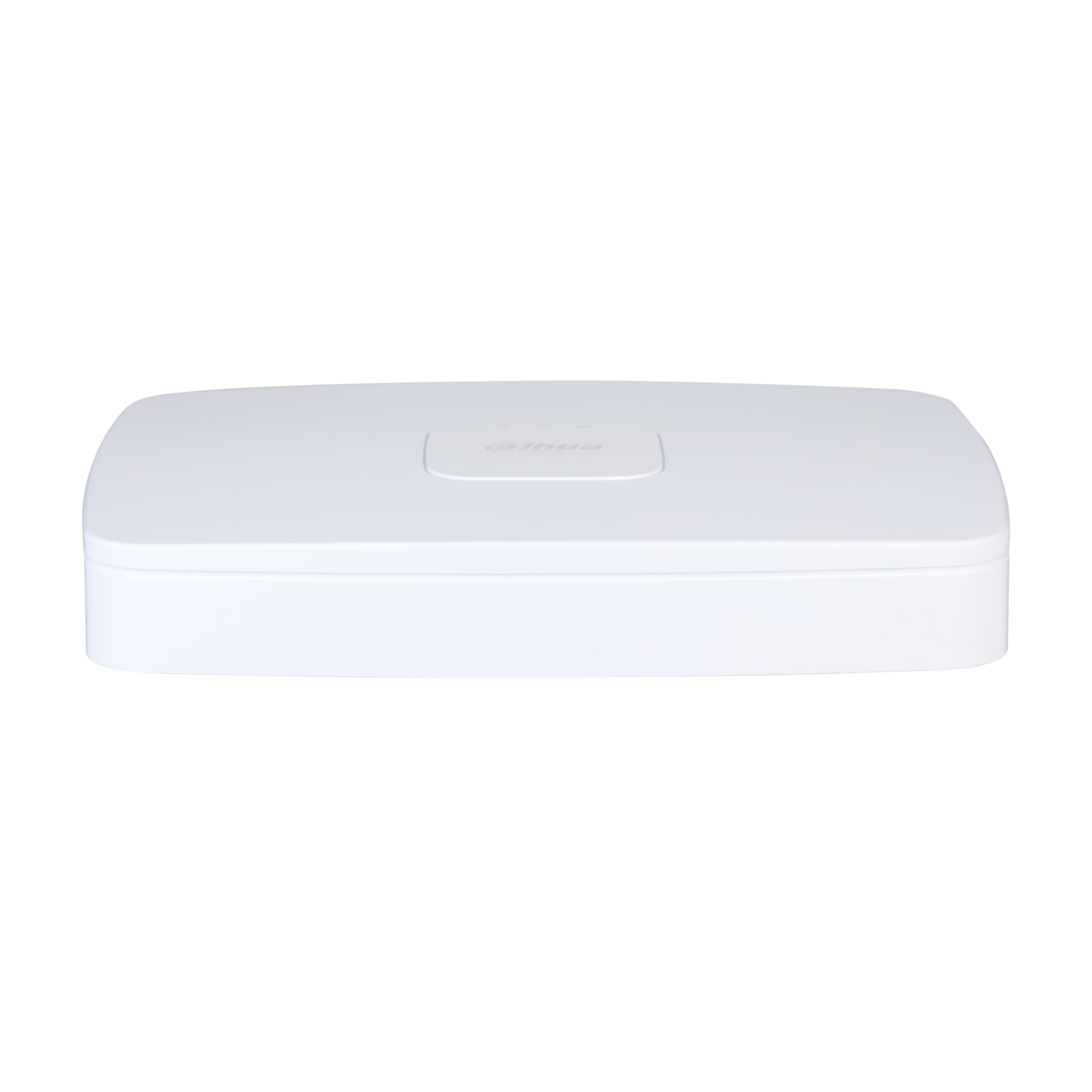 Un dispositivo elettronico bianco con bordi arrotondati. La superficie superiore presenta un pannello incassato con il logo.
