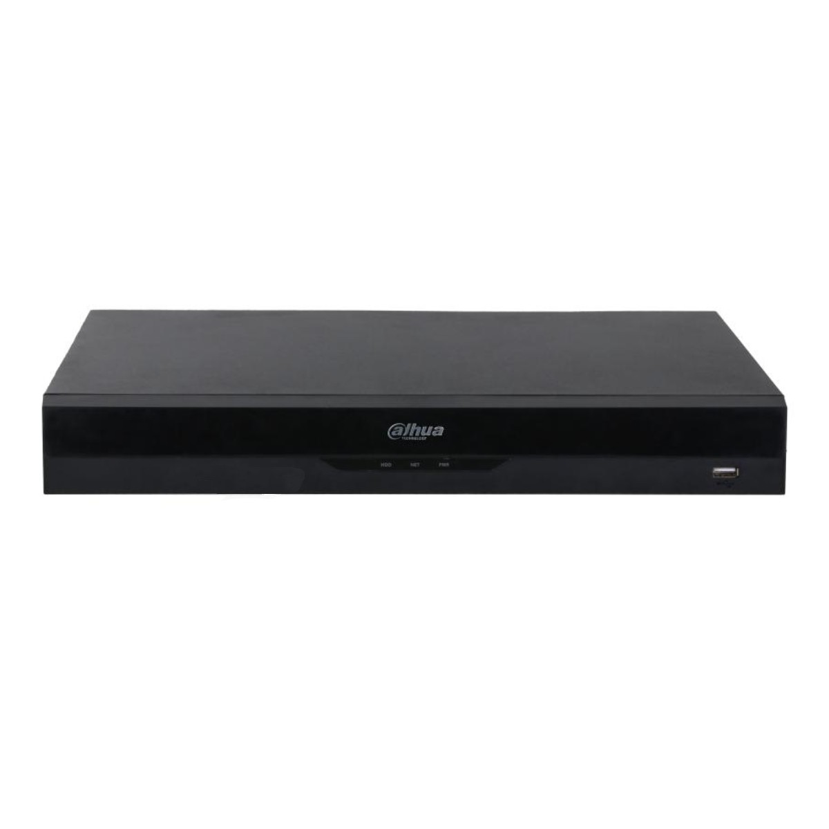 Un dispositivo DVR Dahua nero su sfondo bianco. Il dispositivo ha il logo Dahua e diverse luci LED.