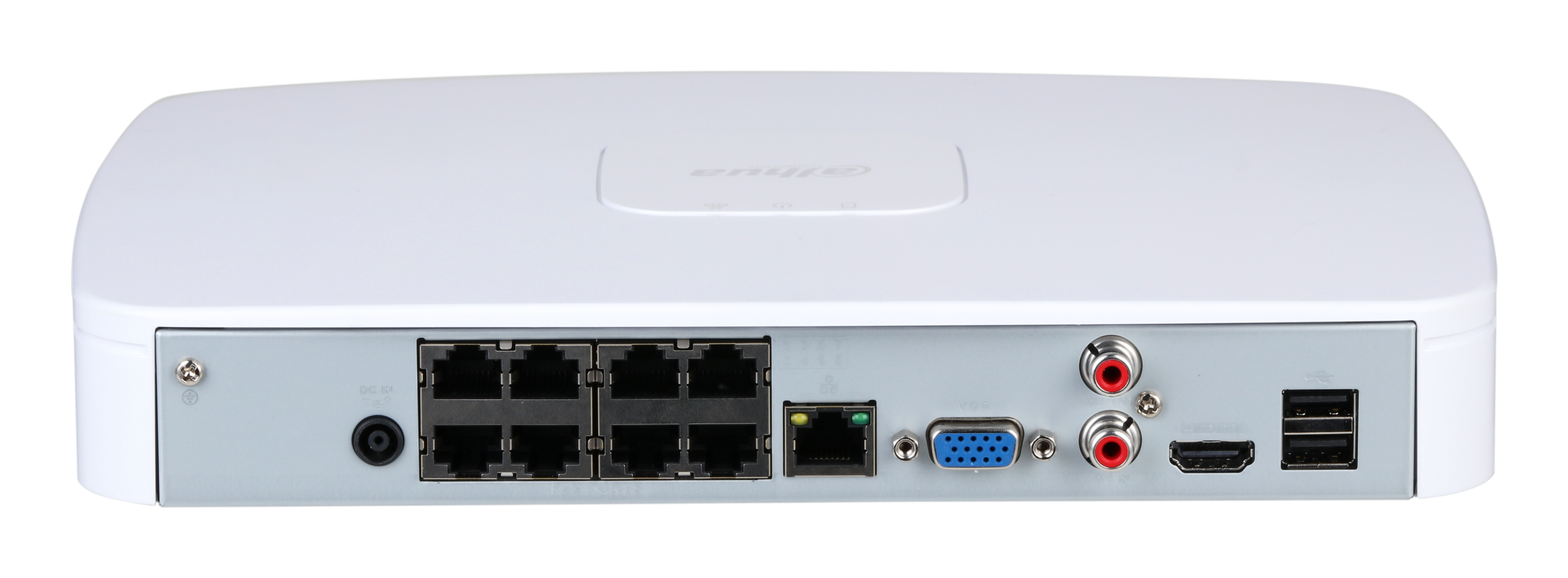 DVR bianco. Il pannello posteriore ha porte: Ethernet, VGA, HDMI, USB e ingressi/uscite audio. Parte superiore bianca con il logo del marchio.