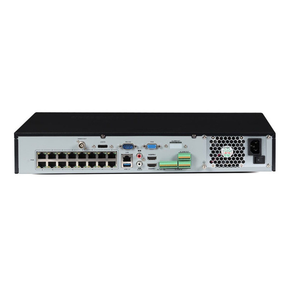 Dispositivo DVR di sicurezza nero con più porte, tra cui ingressi di rete, video e alimentazione. Una ventola e una presa di corrente sono visibili.