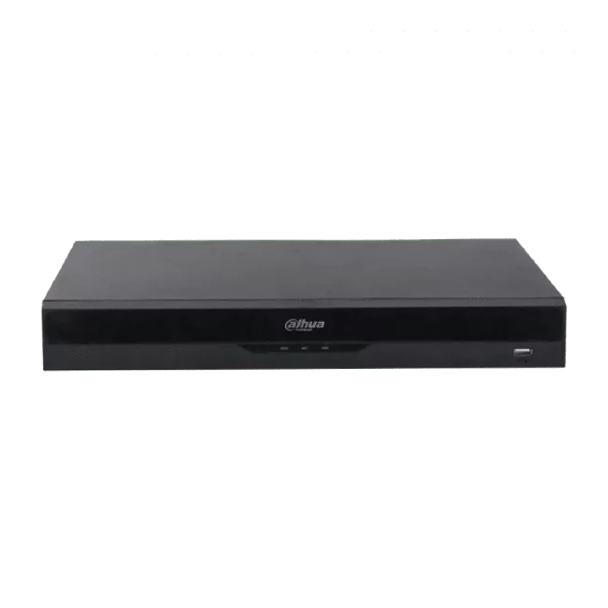 Siyah bir Dahua DVR cihazı. Cihaz dikdörtgen, ön yüzünde marka logosu var. Ön tarafta bir USB bağlantı noktası görülebilir.