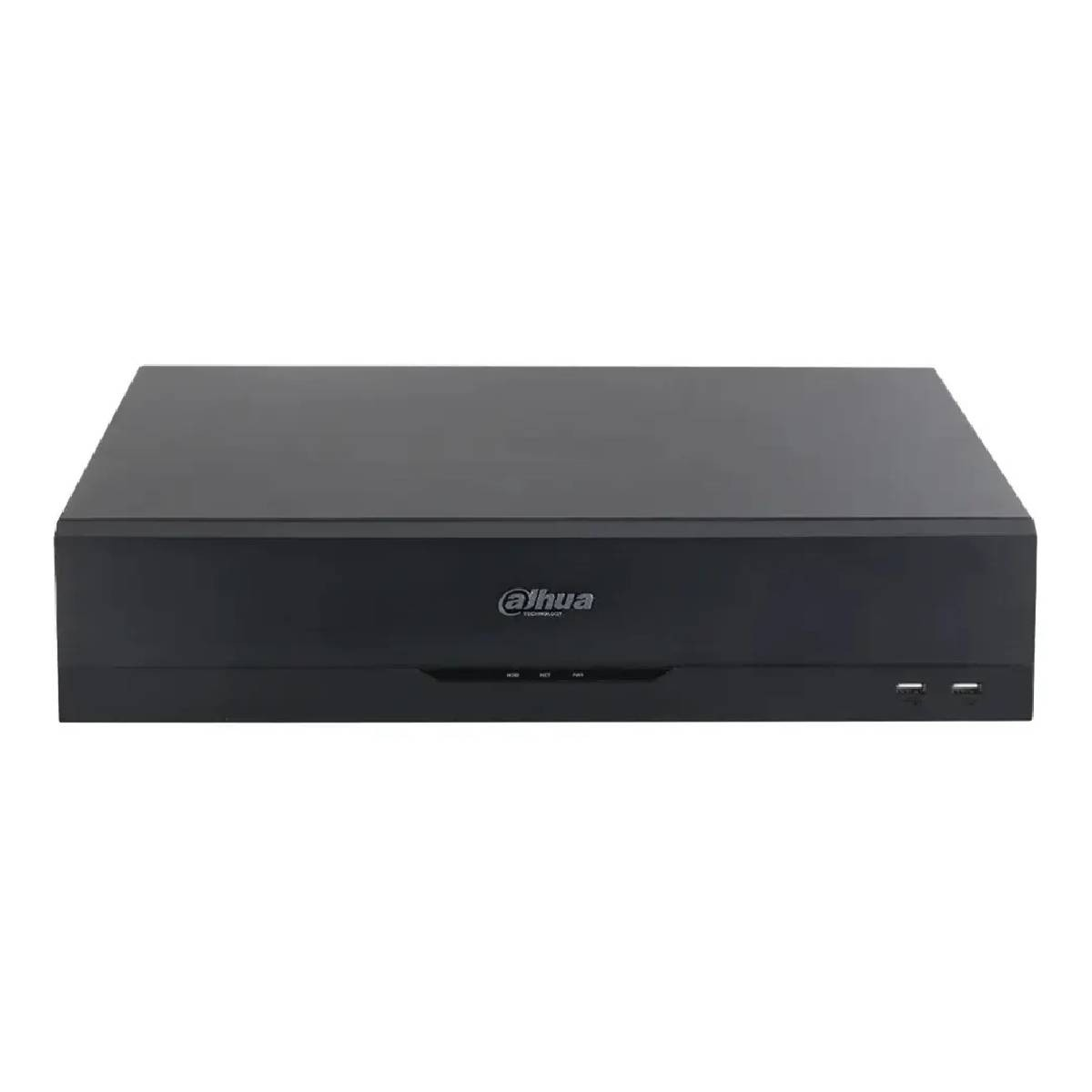 Beyaz zemin üzerinde siyah bir Dahua DVR. DVR'nin Dahua logosu var. Bağlantı noktaları ve durum göstergeleri var.
