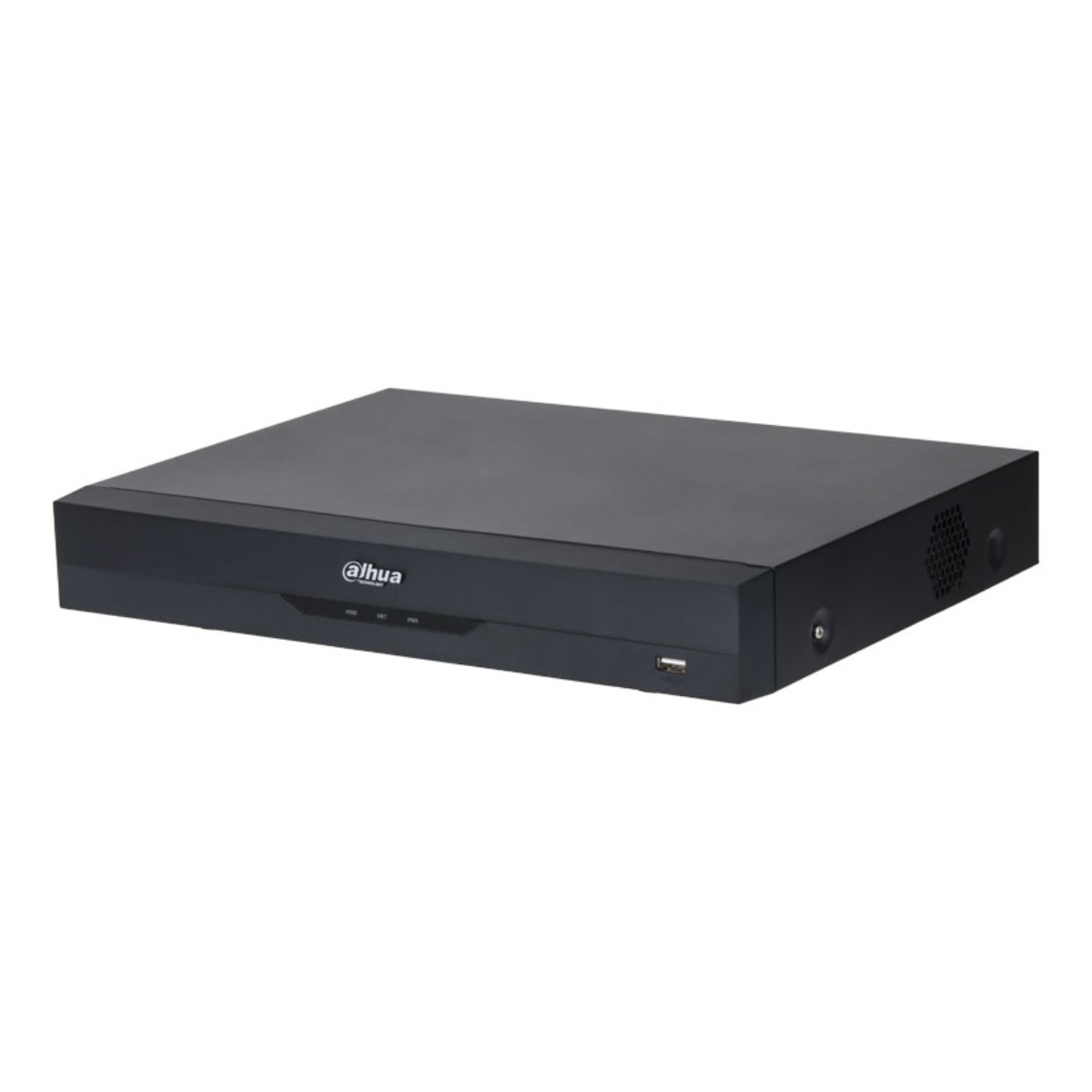 Un dispositivo DVR Dahua nero su una superficie bianca. Il dispositivo ha il logo del marchio, porte e uno slot USB. Lo sfondo è bianco.