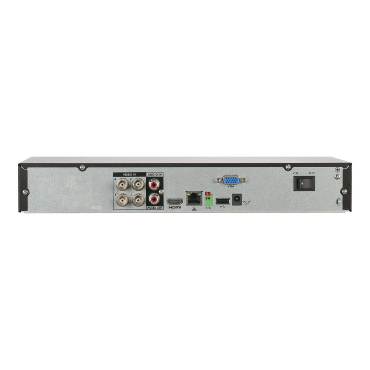 Vista posteriore di un DVR nero con varie porte come ingresso video, audio in/out, HDMI, VGA, rete, alimentazione e interruttore on/off.
