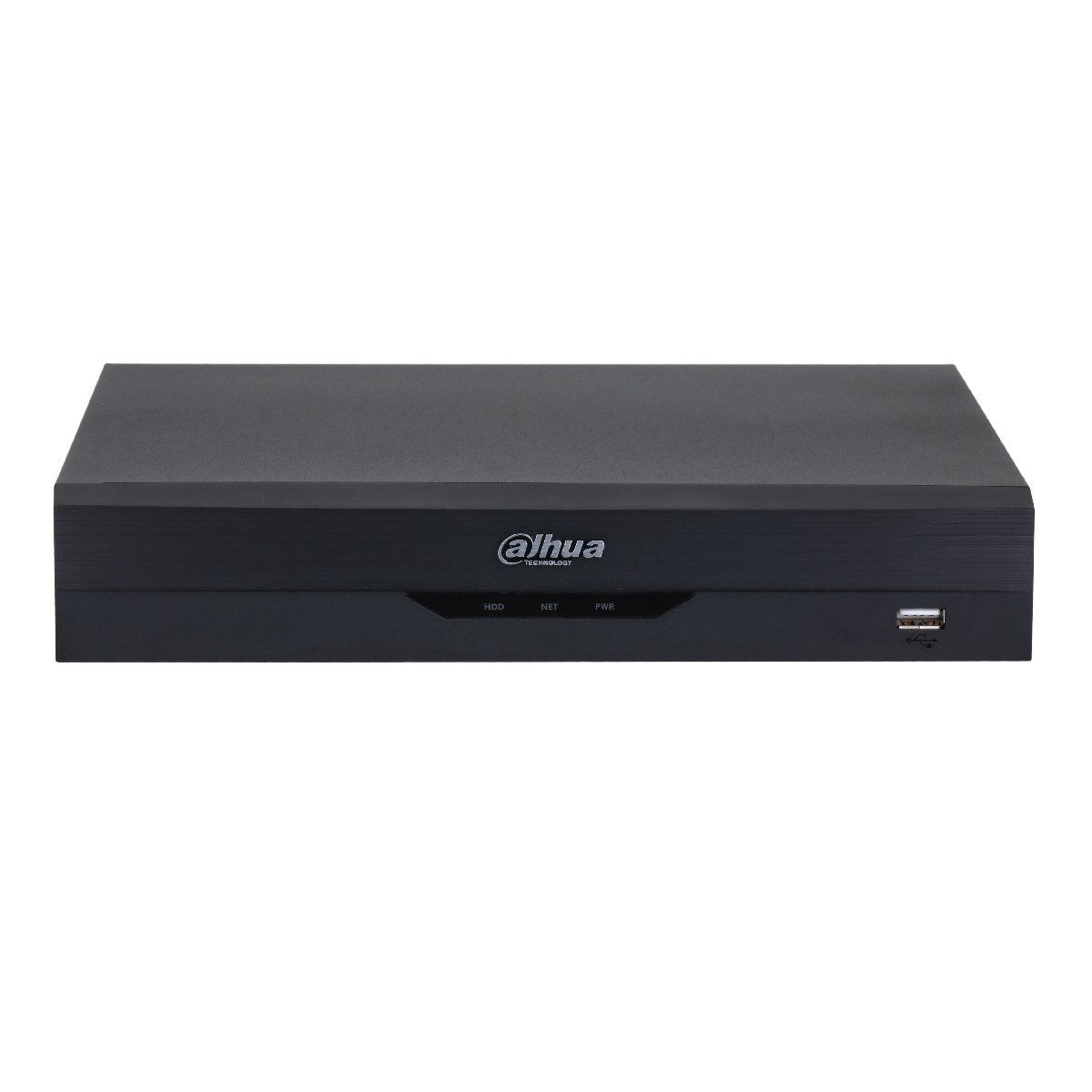 Un DVR Dahua nero su sfondo bianco. Il DVR ha il logo Dahua ed etichette per HDD, NET e PWR. Una porta USB è visibile.