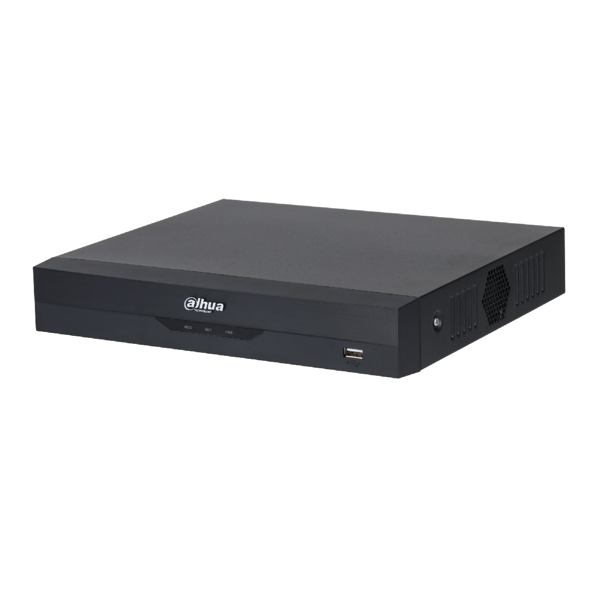 Un DVR Dahua nero. Ha il logo Dahua e indicatori di stato. Una porta USB è visibile sulla parte anteriore.