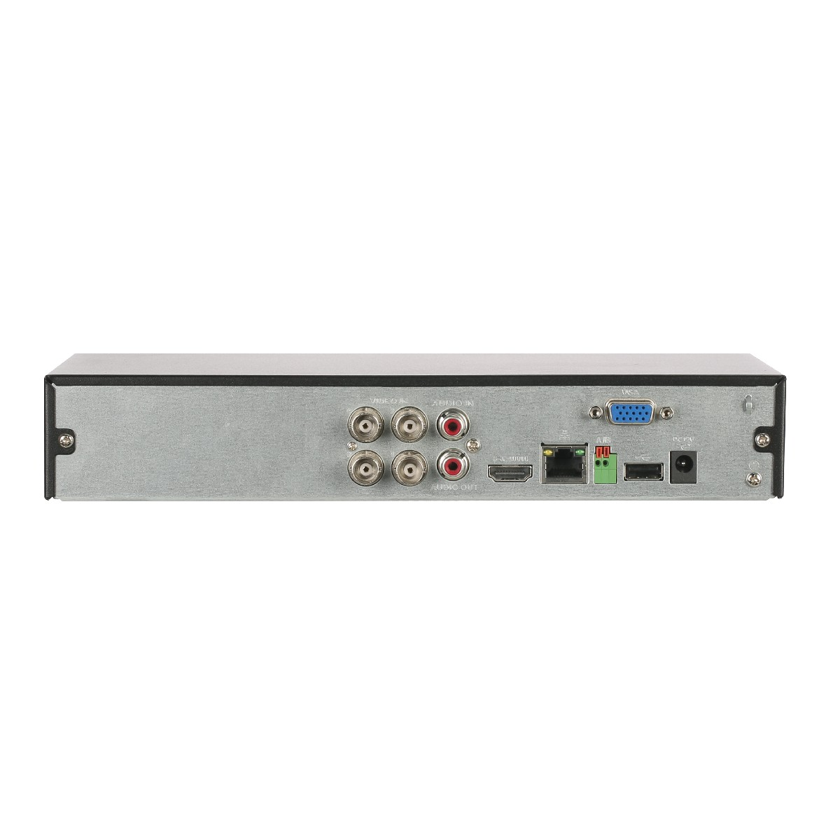 Vista posteriore di un dispositivo DVR nero con varie porte e connettori, tra cui ingressi video, audio, HDMI, Ethernet e alimentazione.