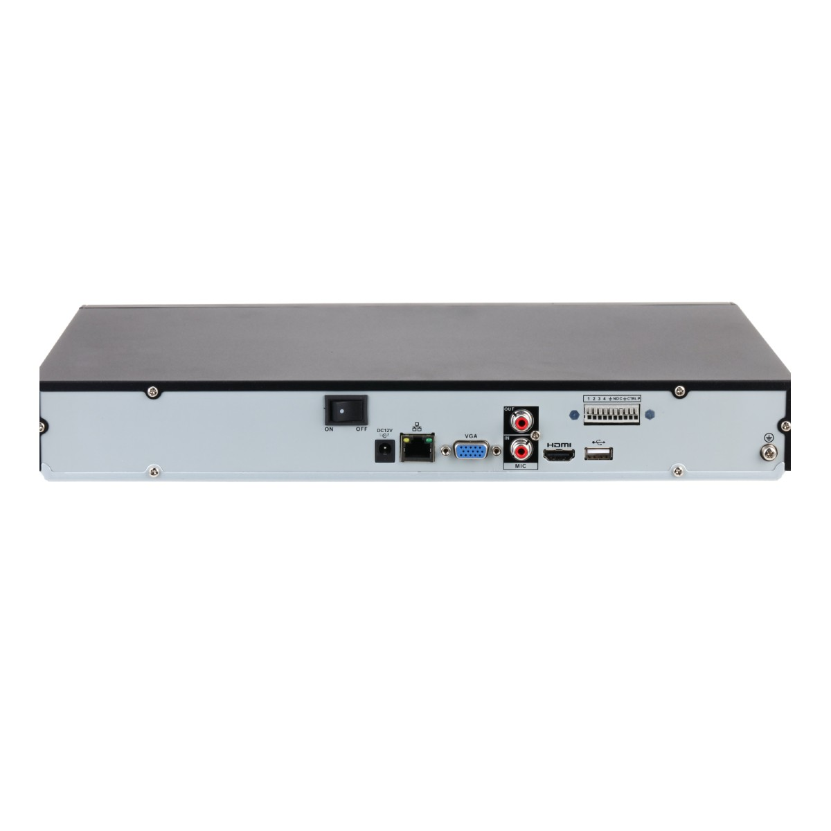 Vista posteriore di un DVR nero. Ha varie porte, tra cui VGA, HDMI e USB. C'è un interruttore di alimentazione e più porte di ingresso/uscita.