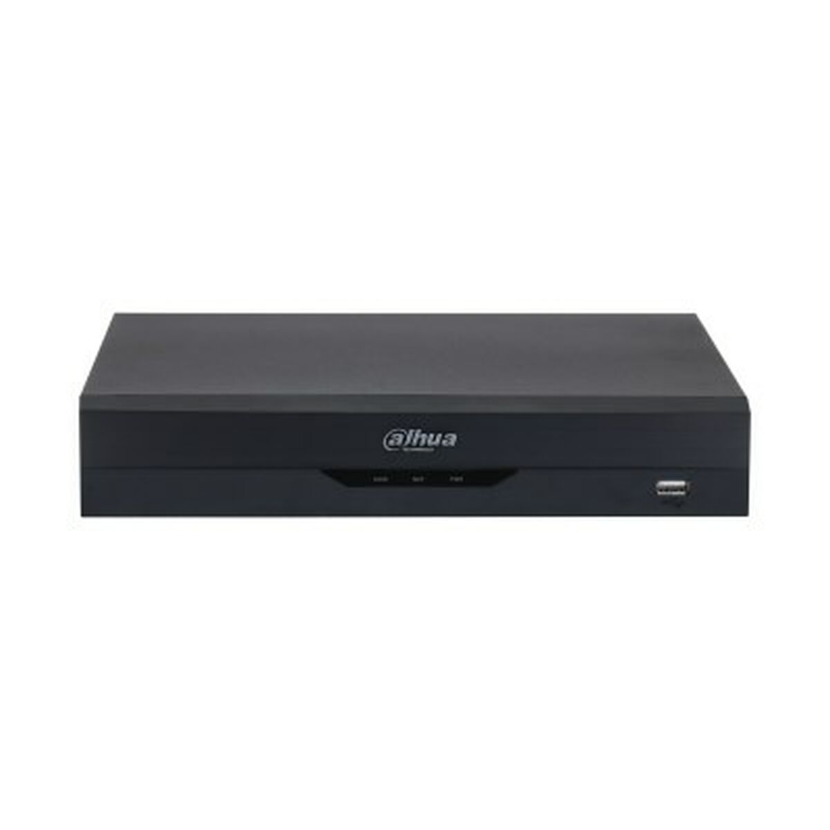 Un DVR Dahua nero. È rettangolare con angoli arrotondati. Il logo del marchio è sul davanti. È visibile una porta USB. Sfondo bianco semplice.