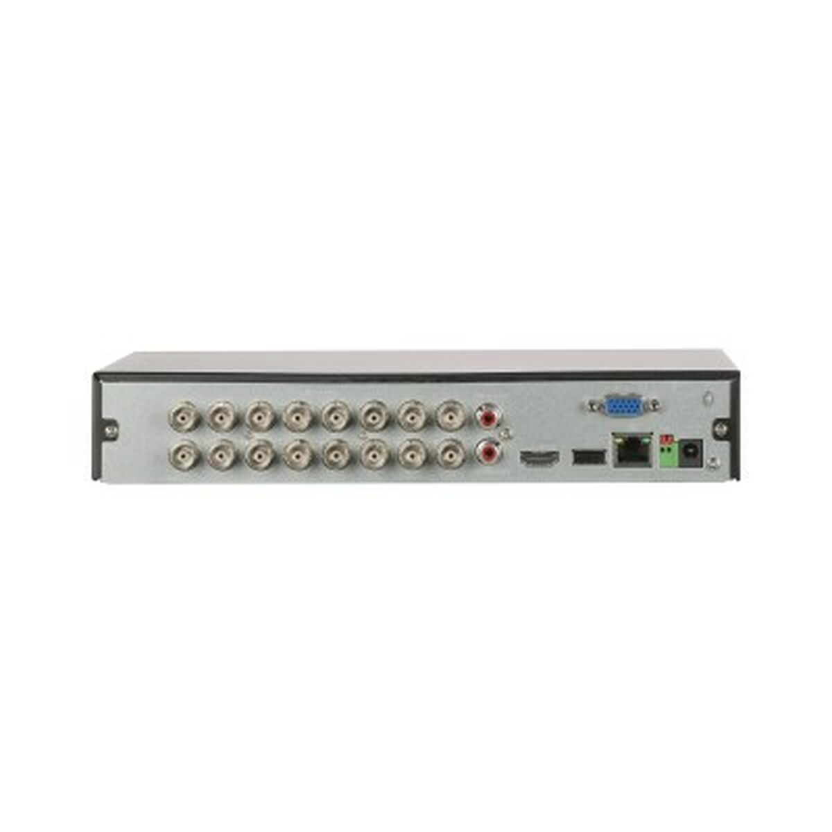 Vista posteriore di un dispositivo DVR con più connettori coassiali, porte HDMI, LAN, VGA e ingresso di alimentazione, su sfondo bianco.