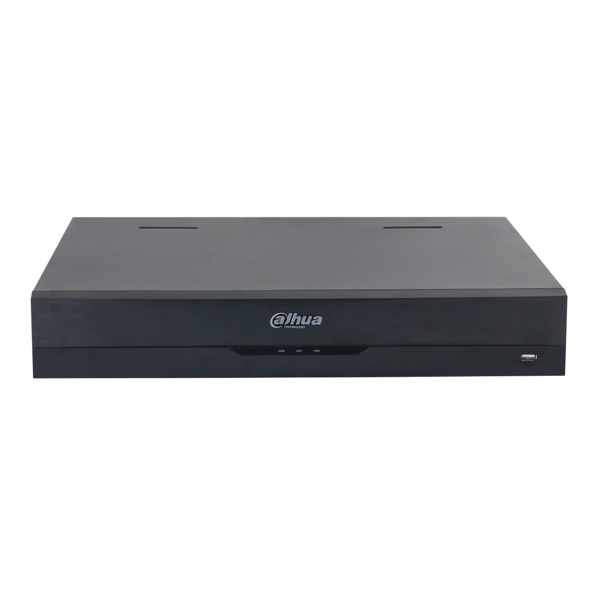 Un dispositivo DVR Dahua nero su sfondo bianco. Il pannello frontale presenta il logo del marchio e diverse porte.