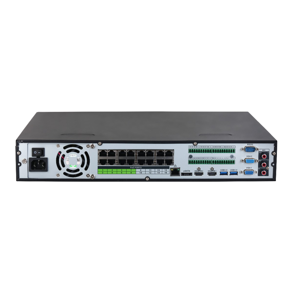 Un dispositivo nero con varie porte e connettori. Dispone di porte PoE, HDMI, USB, VGA e RS232. È su sfondo bianco.