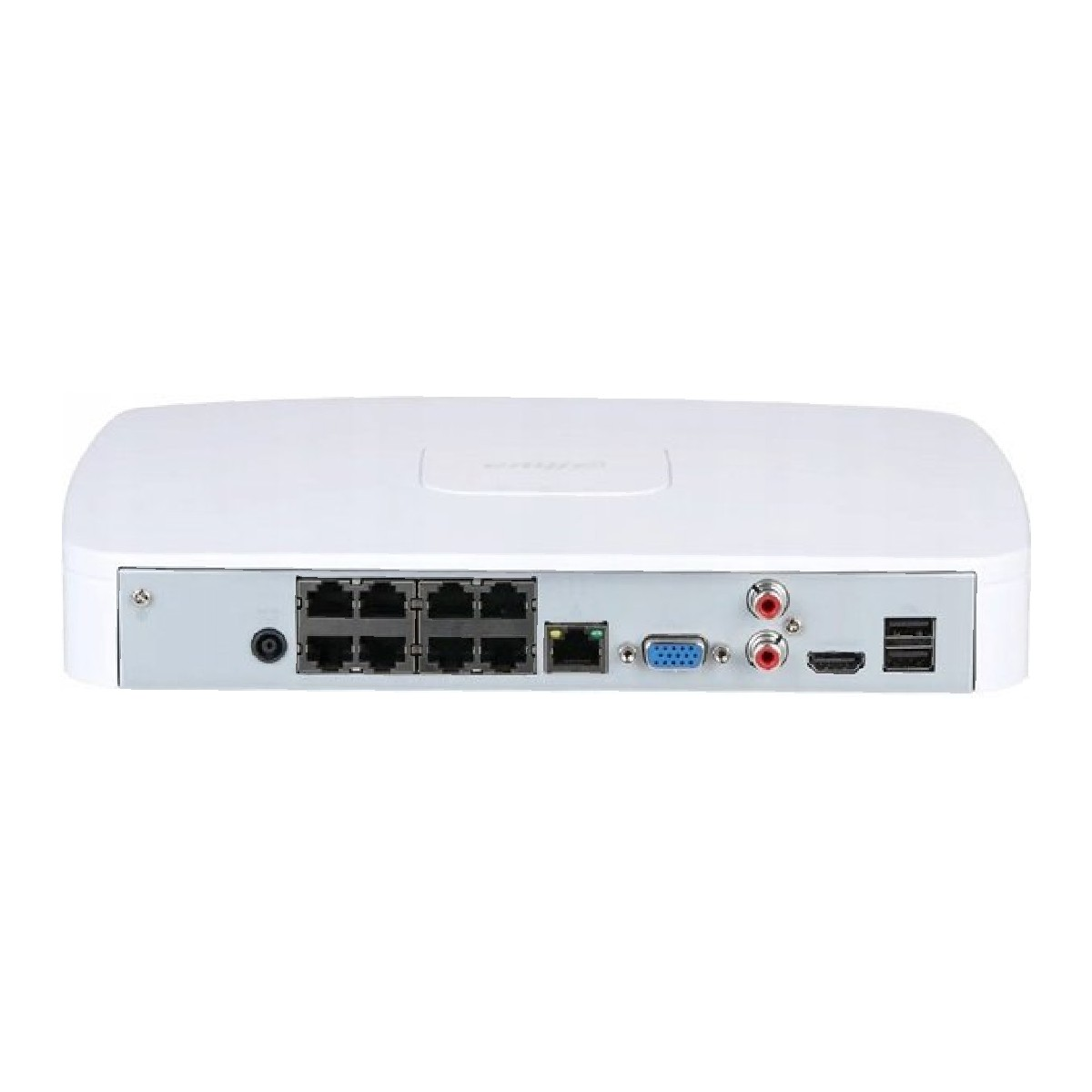 Dispositivo DVR bianco con più porte. Include Ethernet, USB, HDMI e ingressi audio. Il dispositivo ha una parte superiore arrotondata.