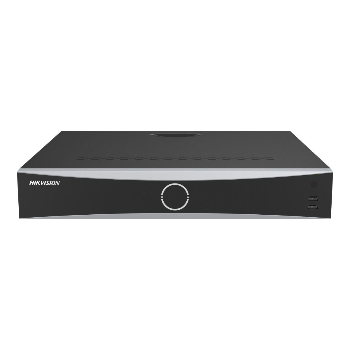 Un dispositivo DVR Hikvision nero su sfondo bianco. Ha un pulsante circolare, porte di alimentazione e USB.