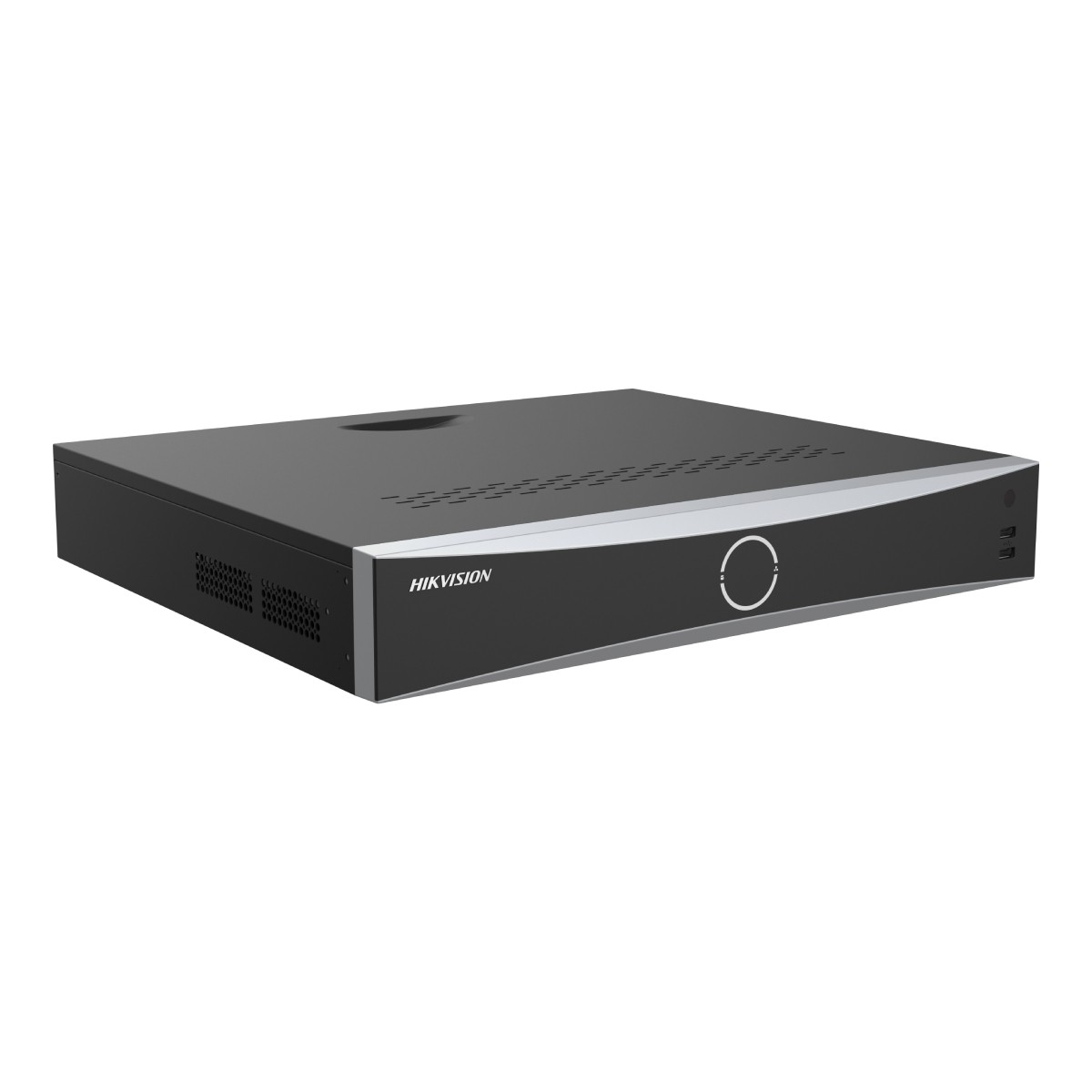 Un dispositivo DVR Hikvision nero e argento. Ha un pulsante di accensione, un design circolare e fori di ventilazione. Lo sfondo è bianco.