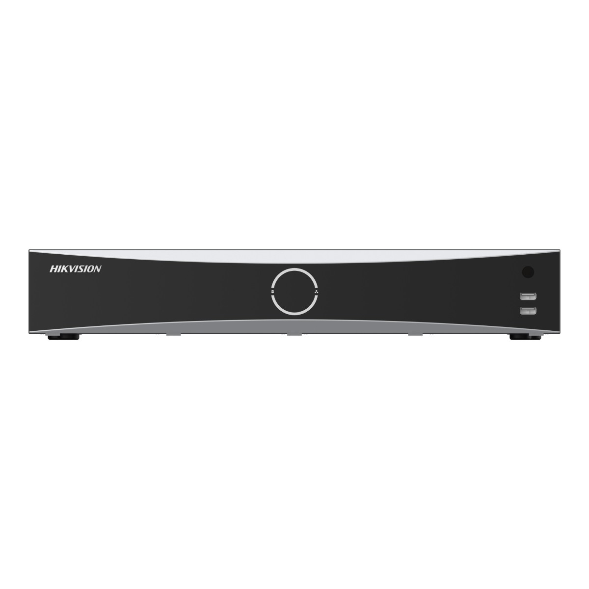 Un videoregistratore digitale Hikvision nero. Ha una rifinitura argentata, un pulsante di accensione e due porte USB. Un cerchio bianco è sul davanti.