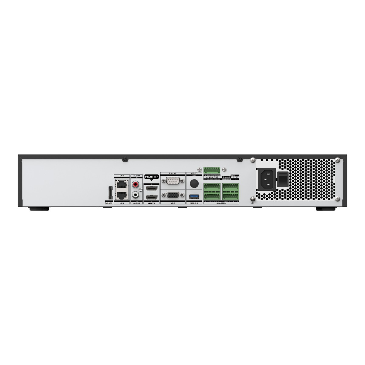 Pannello posteriore di un dispositivo nero con varie porte HDMI, LAN, VGA, USB e ingresso di alimentazione. Include porte allarme e video.