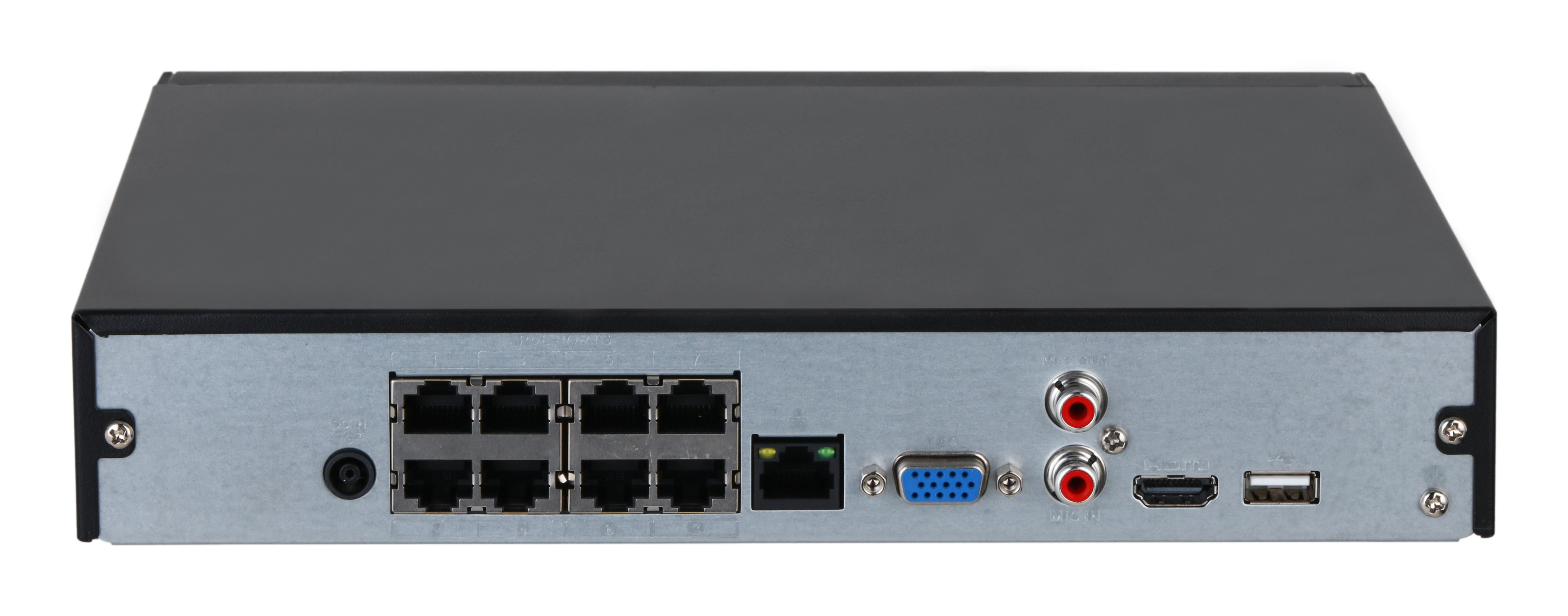 Vista posteriore di un dispositivo nero e argento con varie porte: Ethernet, VGA, ingressi/uscite audio, HDMI e USB.