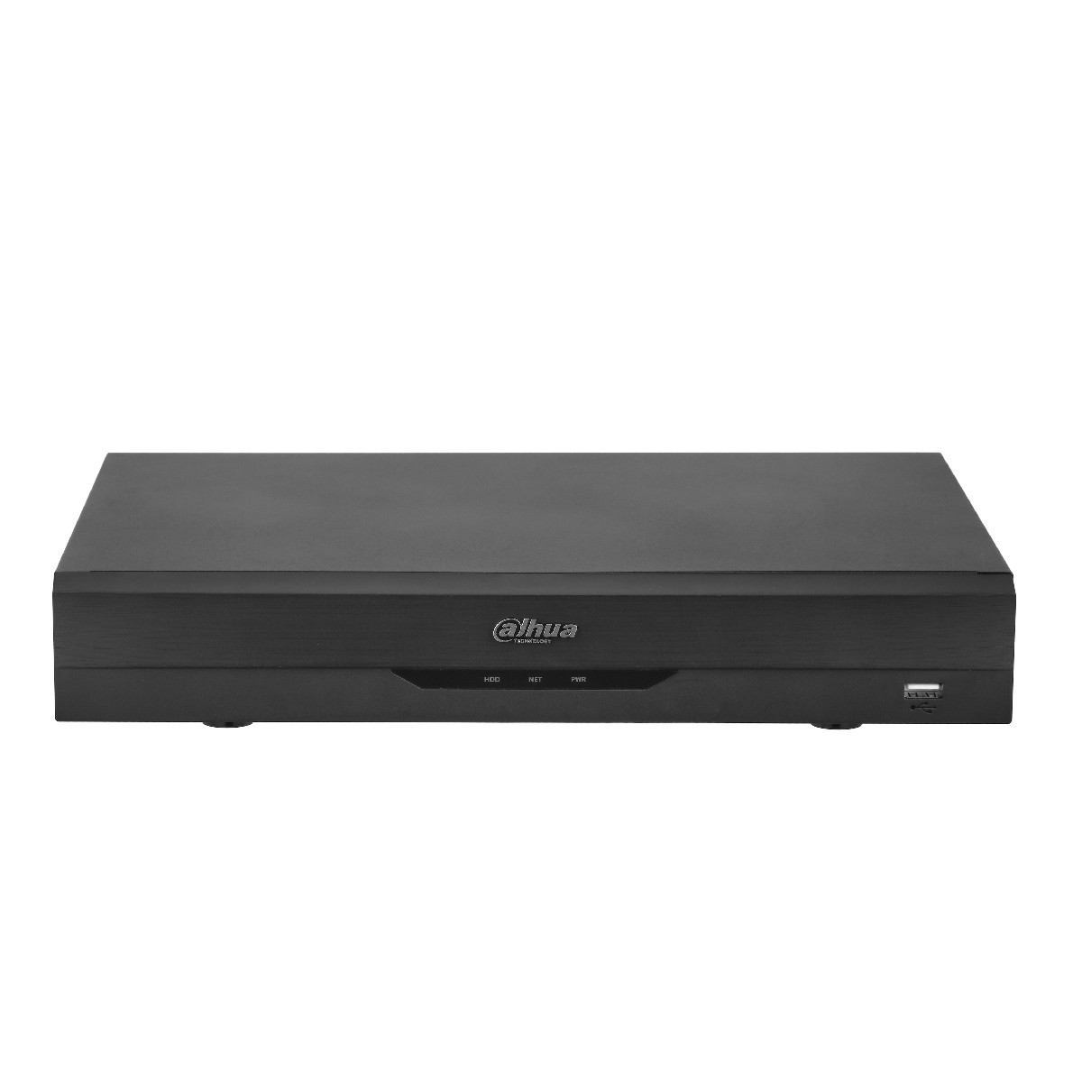 Un DVR Dahua nero su sfondo bianco. Ha porte etichettate HDD, NET e PWR. Il logo Dahua è visibile.