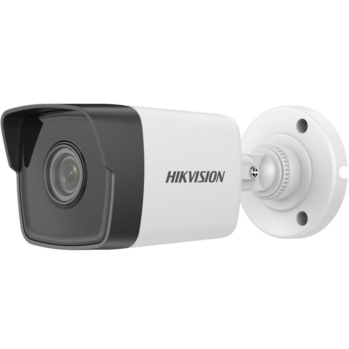 Eine schwarz-weiße Hikvision-Überwachungskamera. Sie hat ein Objektiv, eine schwarze Abdeckung und eine weiße Basis mit dem Markennamen.