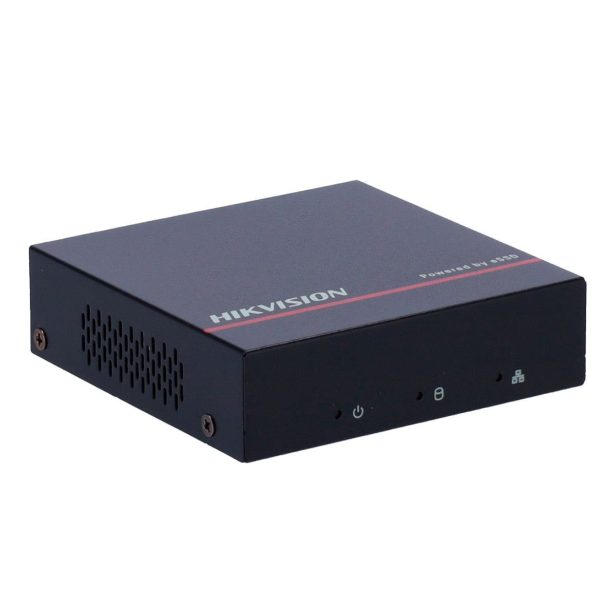 Ein schwarzes Hikvision-Gerät. Es trägt den Markennamen und eine rote Linie oben. Auf der Vorderseite befinden sich Strom- und Schloss-Symbole.