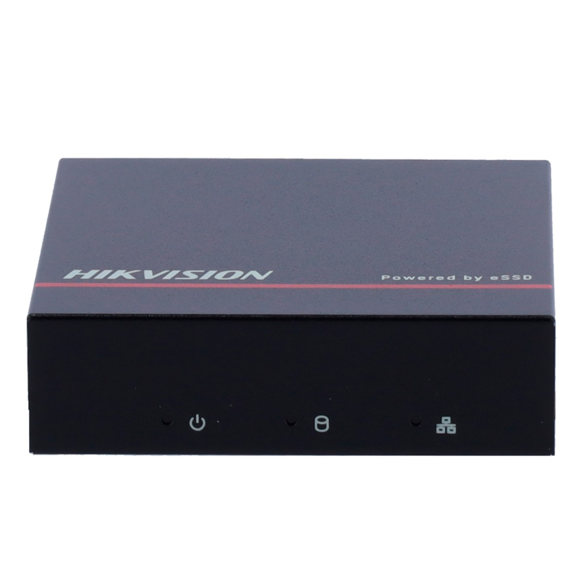 Ein schwarzes Hikvision-Gerät mit roten Akzenten. Es hat einen Ein-/Ausschalter, ein Schlosssymbol und ein Datenübertragungssymbol. Das Gerät wird von eSSD betrieben.