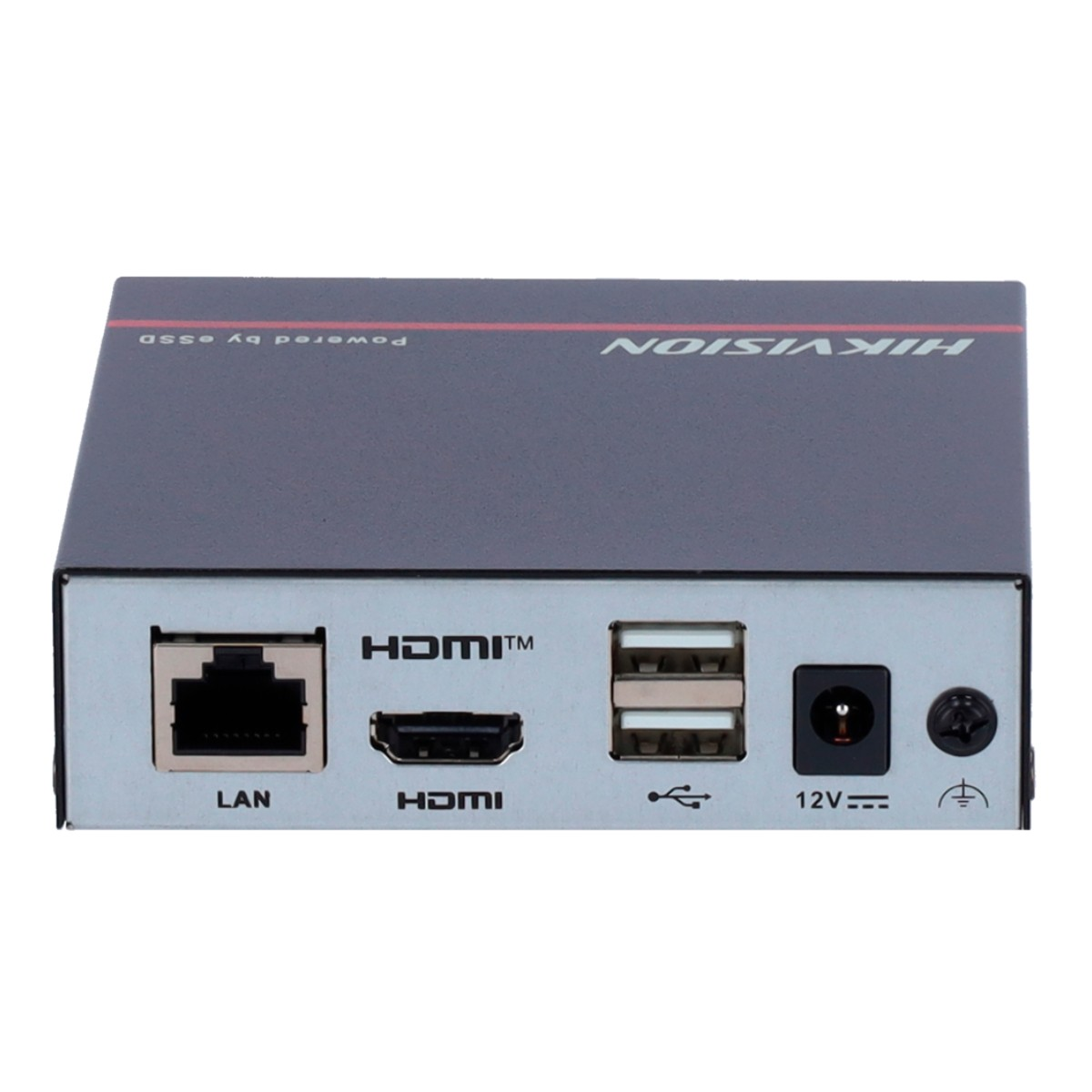 Ein schwarzes und graues Hikvision-Gerät mit verschiedenen Anschlüssen: LAN, HDMI, USB und Strom. Oben befinden sich Markenname und Logo.