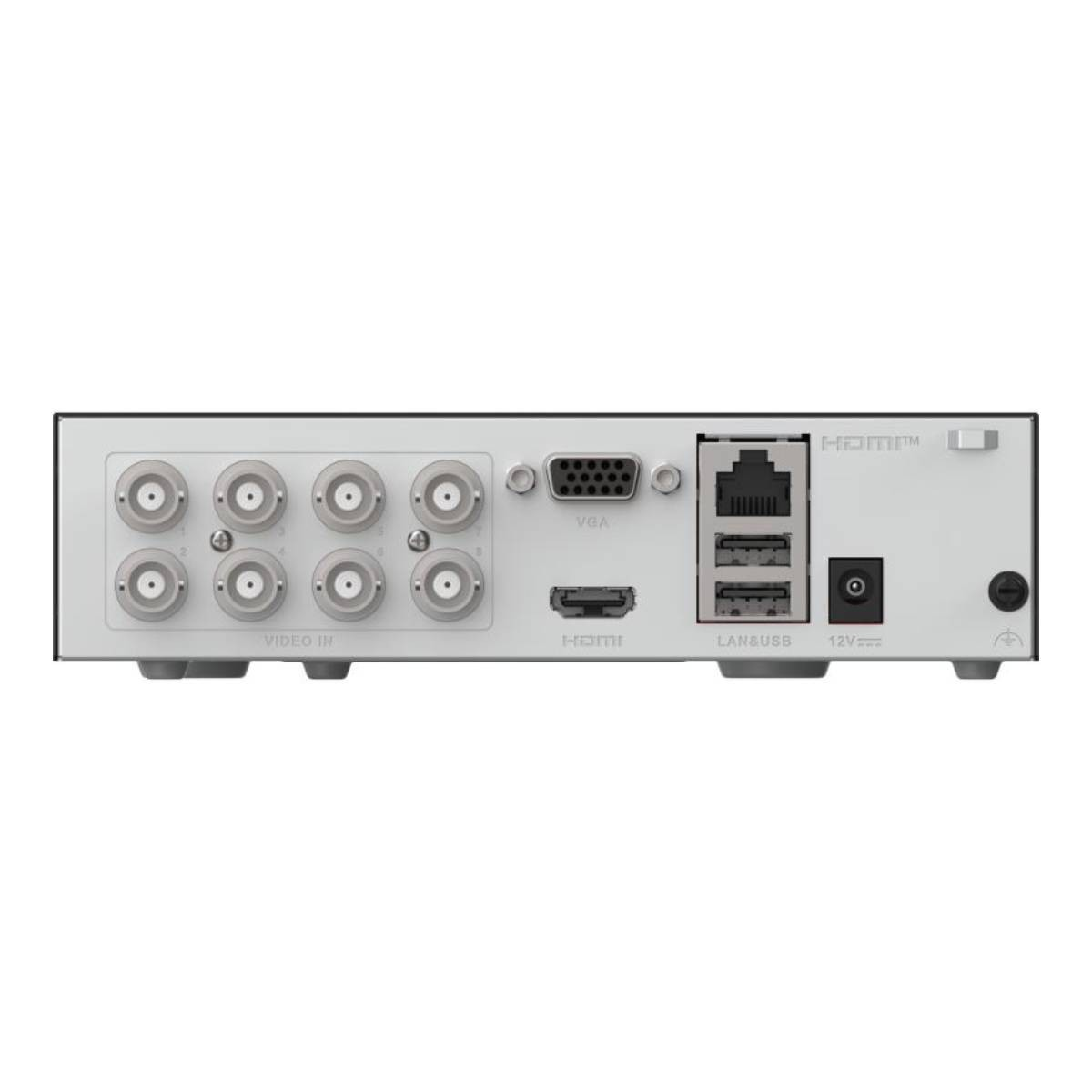 Vista posteriore di un DVR con varie porte: ingressi video, VGA, HDMI, LAN/USB e un ingresso di alimentazione a 12V.