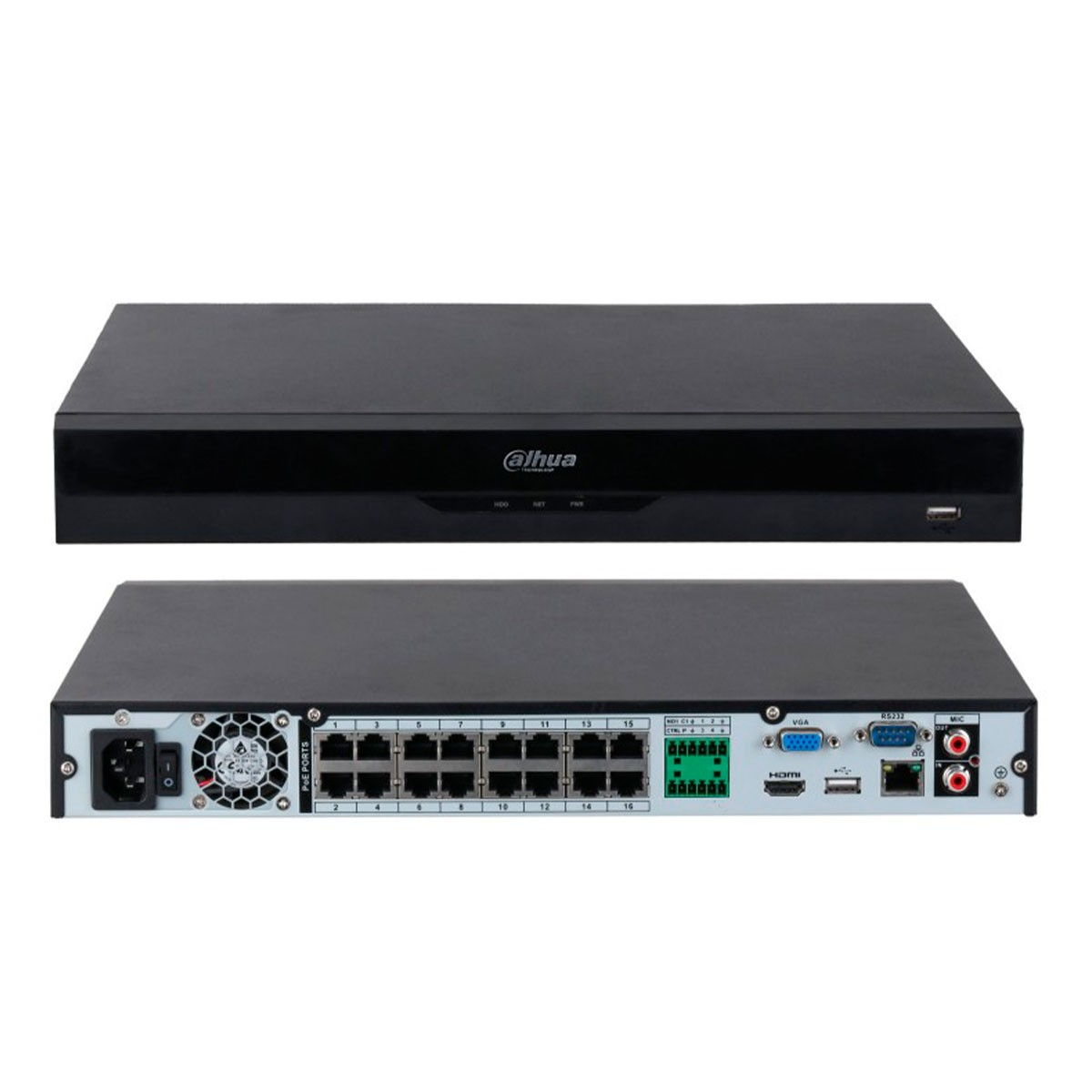 Un dispositivo DVR nero con due parti, superiore e inferiore. La parte inferiore ha più porte.